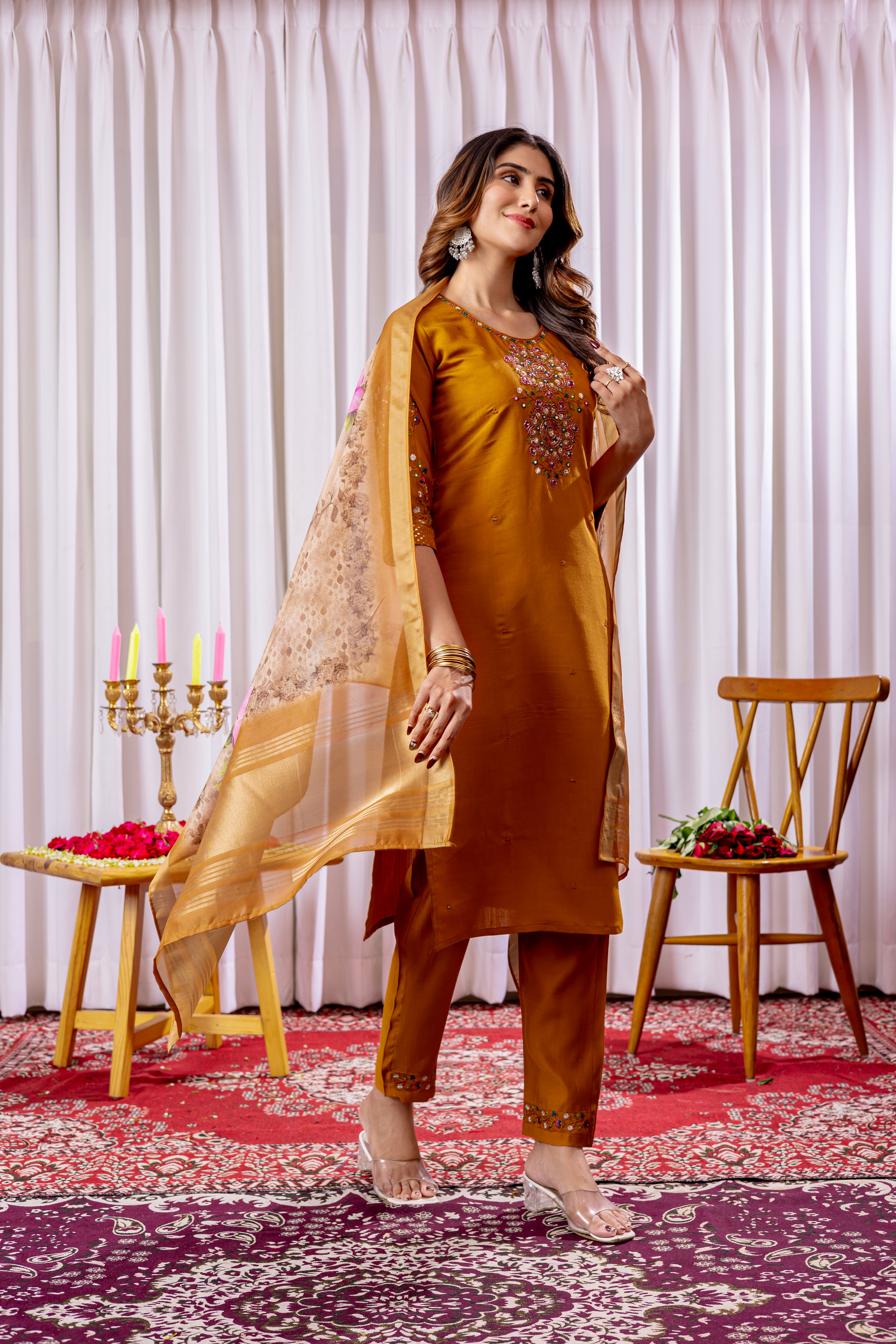Women's Viscose Silk Straight Kurti Pant Dupatta Set with Multi Embroidery Thread Work & Chanderi Silk Dupatta