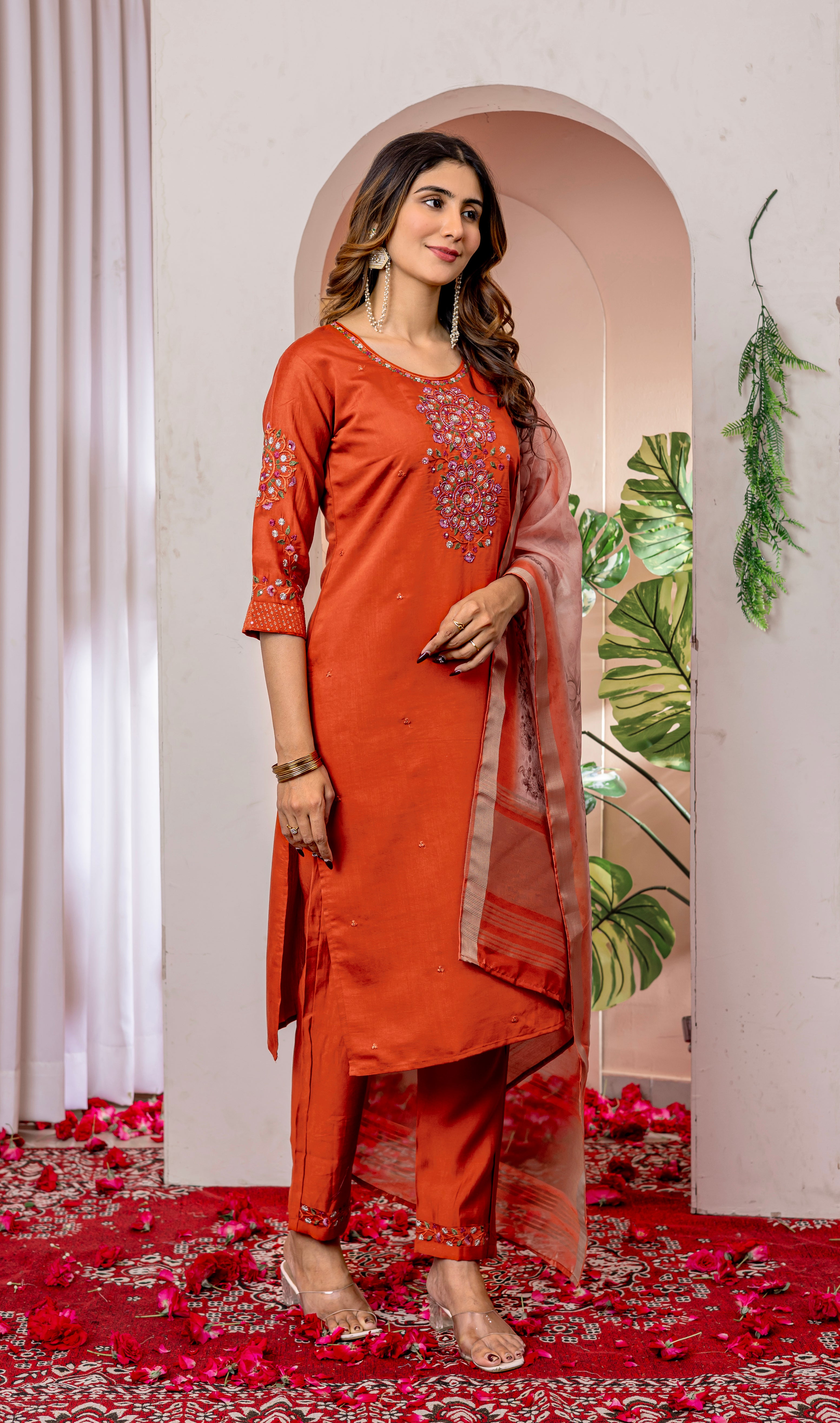 Women's Viscose Silk Straight Kurti Pant Dupatta Set with Multi Embroidery Thread Work & Chanderi Silk Dupatta