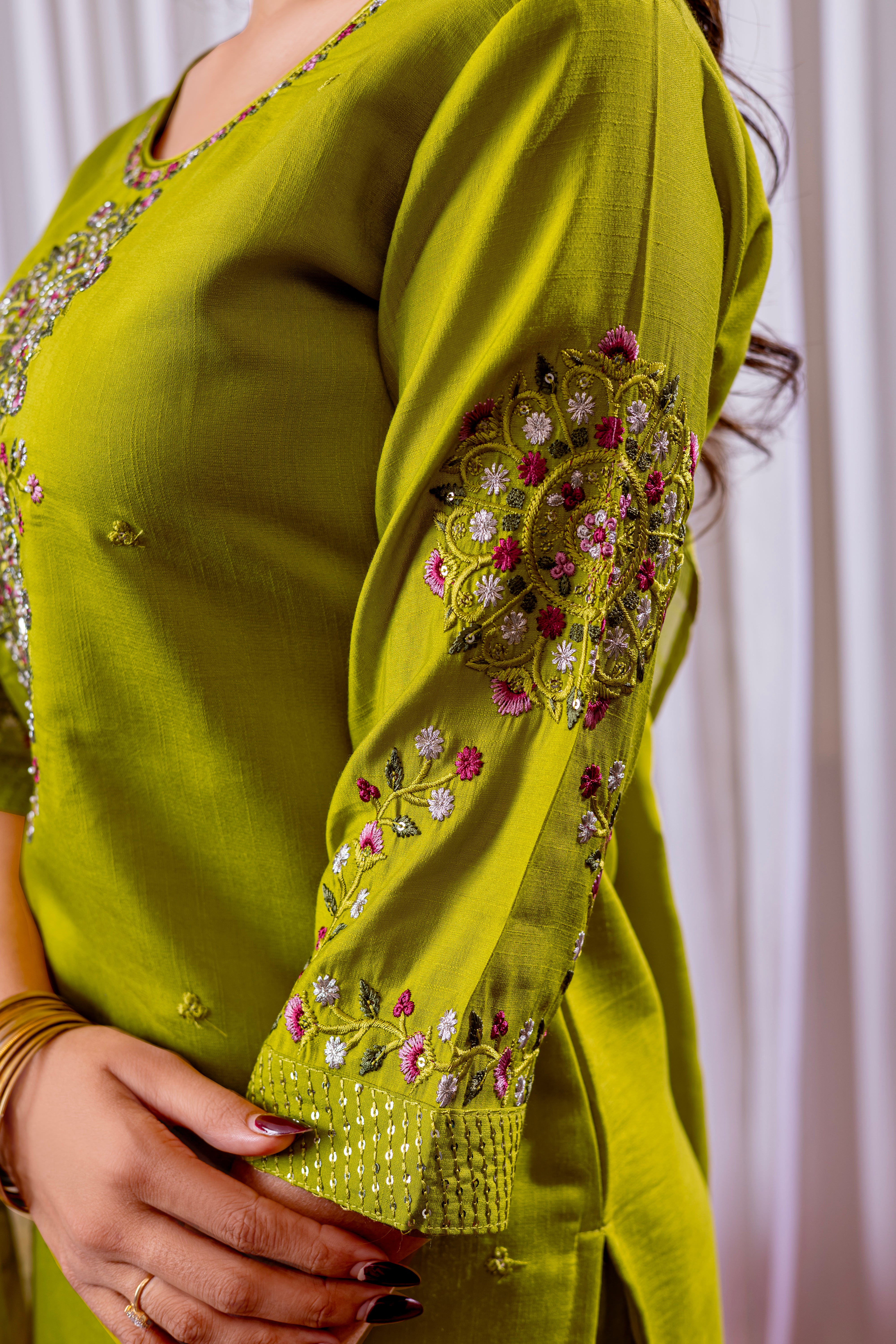 Women's Viscose Silk Straight Kurti Pant Dupatta Set with Multi Embroidery Thread Work & Chanderi Silk Dupatta