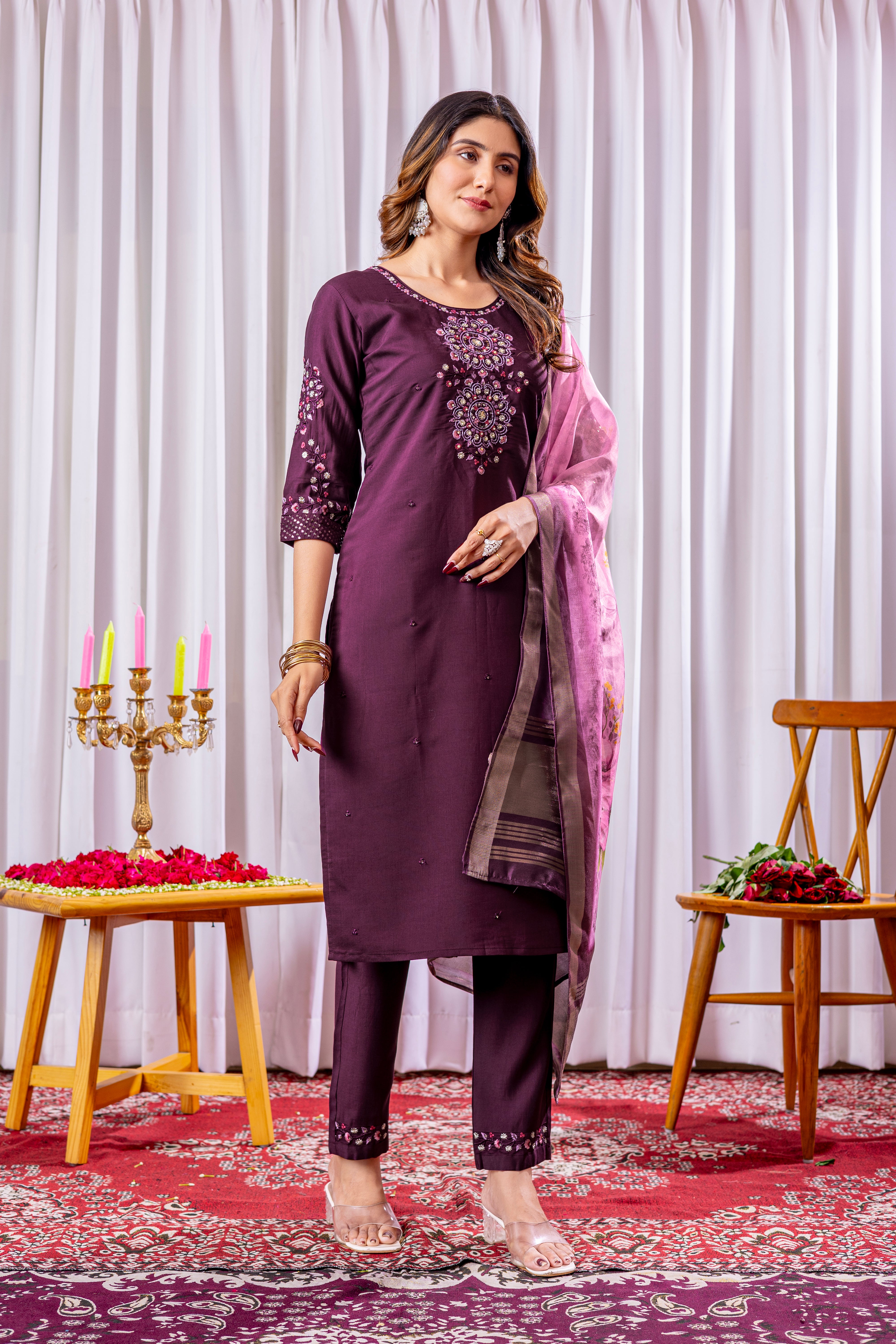 Women's Viscose Silk Straight Kurti Pant Dupatta Set with Multi Embroidery Thread Work & Chanderi Silk Dupatta