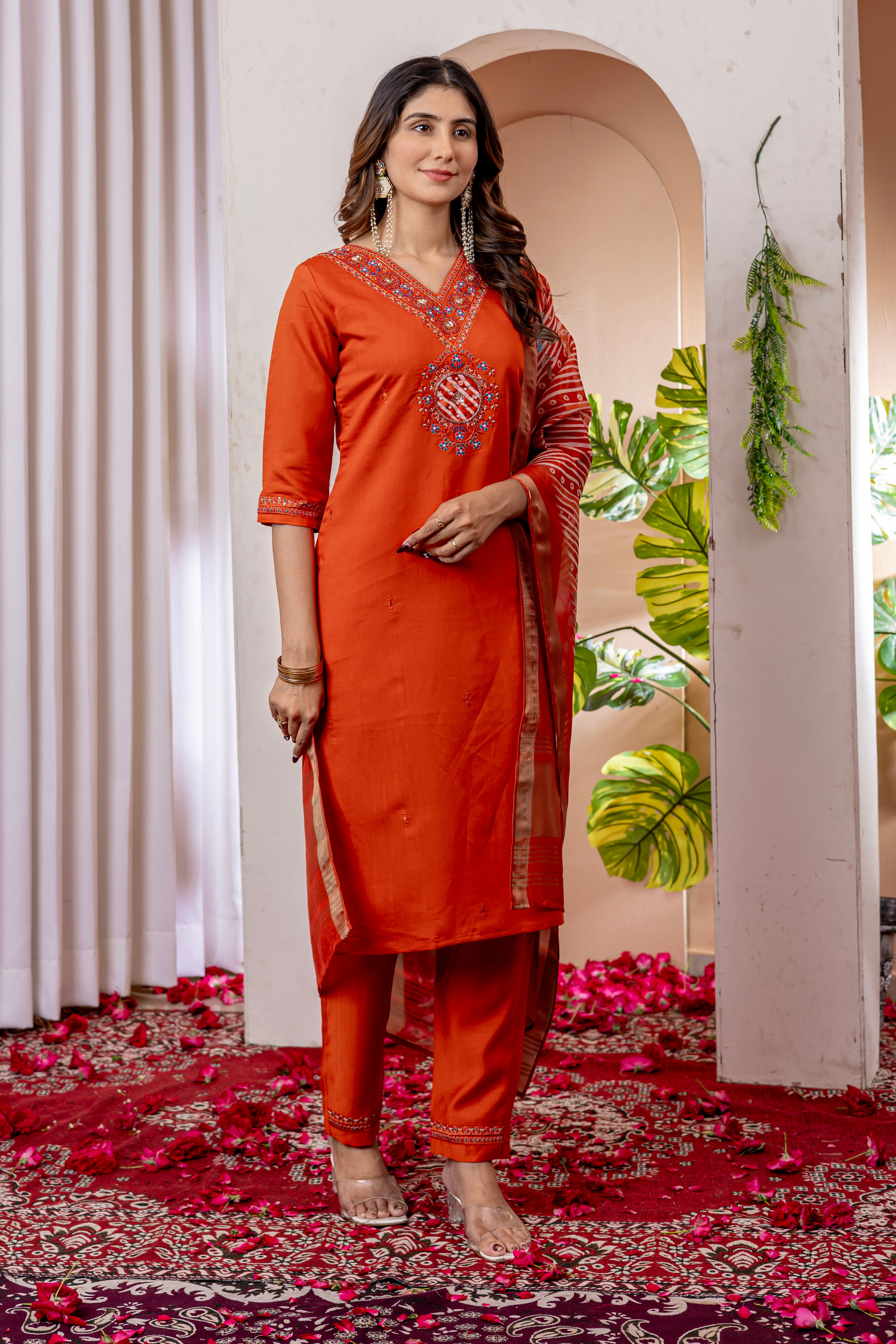 Women's Marina Viscose Silk Straight Kurti Pant Dupatta Set with Multi Embroidery Thread Work & Chanderi Silk Dupatta