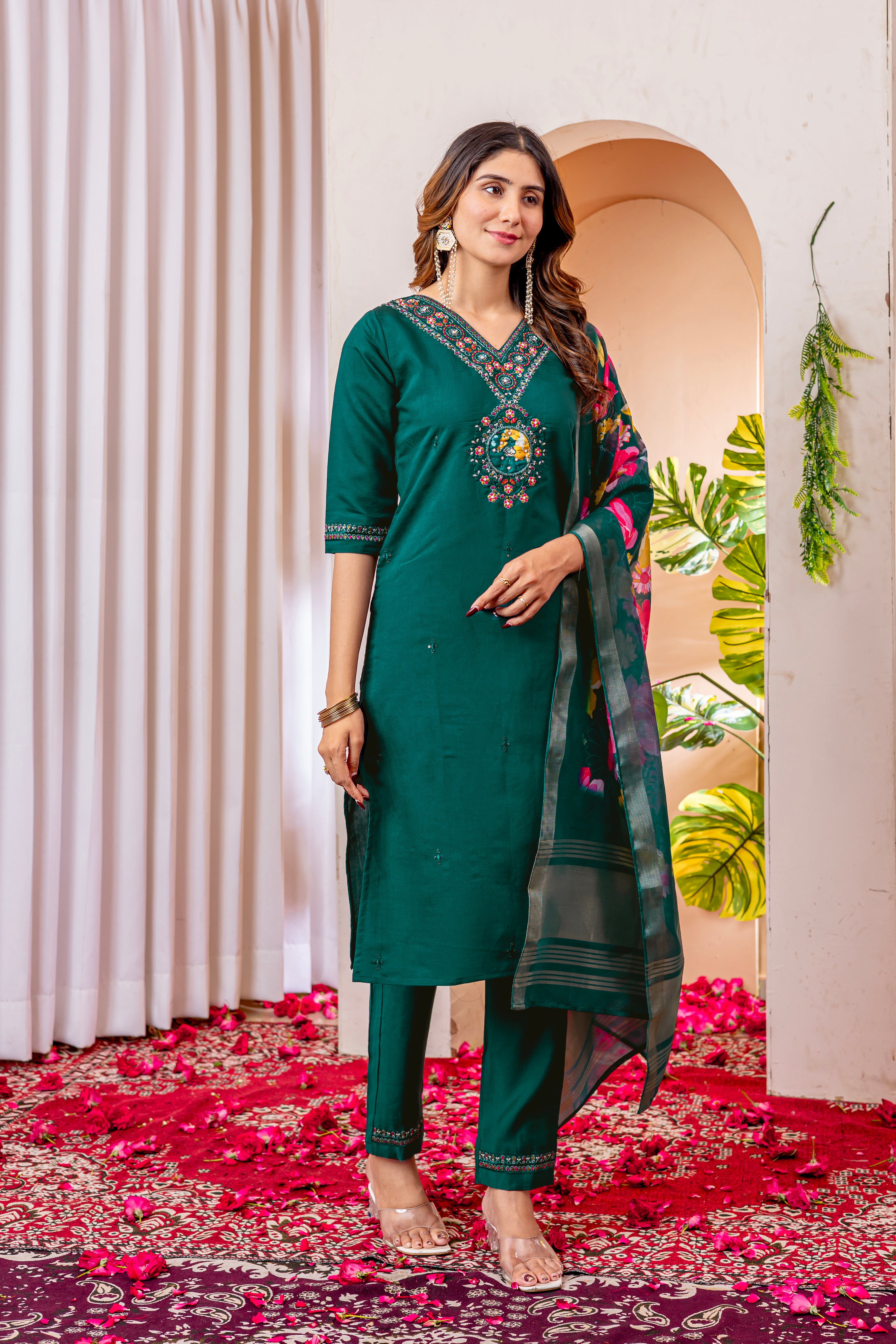 Women's Marina Viscose Silk Straight Kurti Pant Dupatta Set with Multi Embroidery Thread Work & Chanderi Silk Dupatta