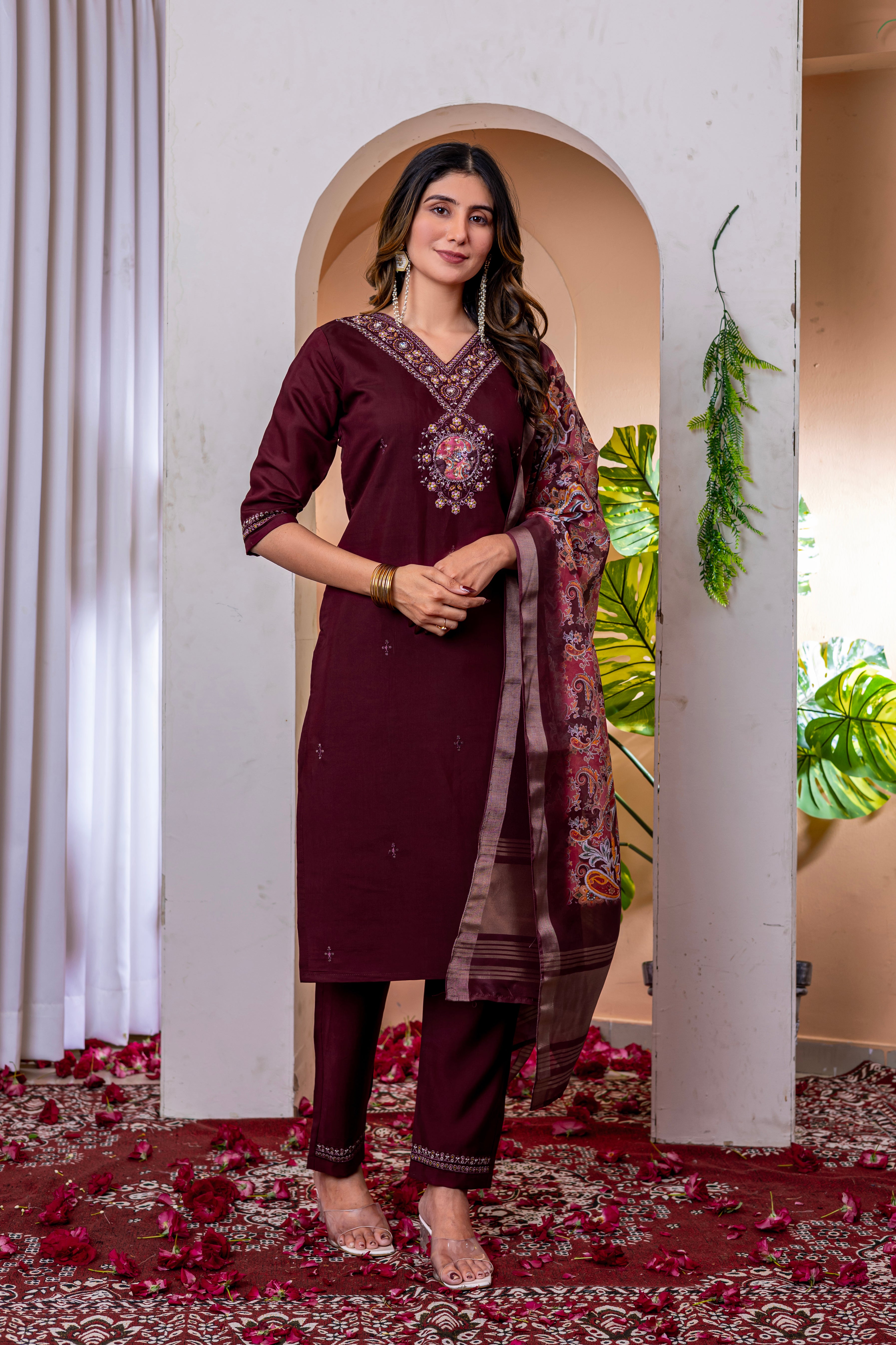 Women's Marina Viscose Silk Straight Kurti Pant Dupatta Set with Multi Embroidery Thread Work & Chanderi Silk Dupatta