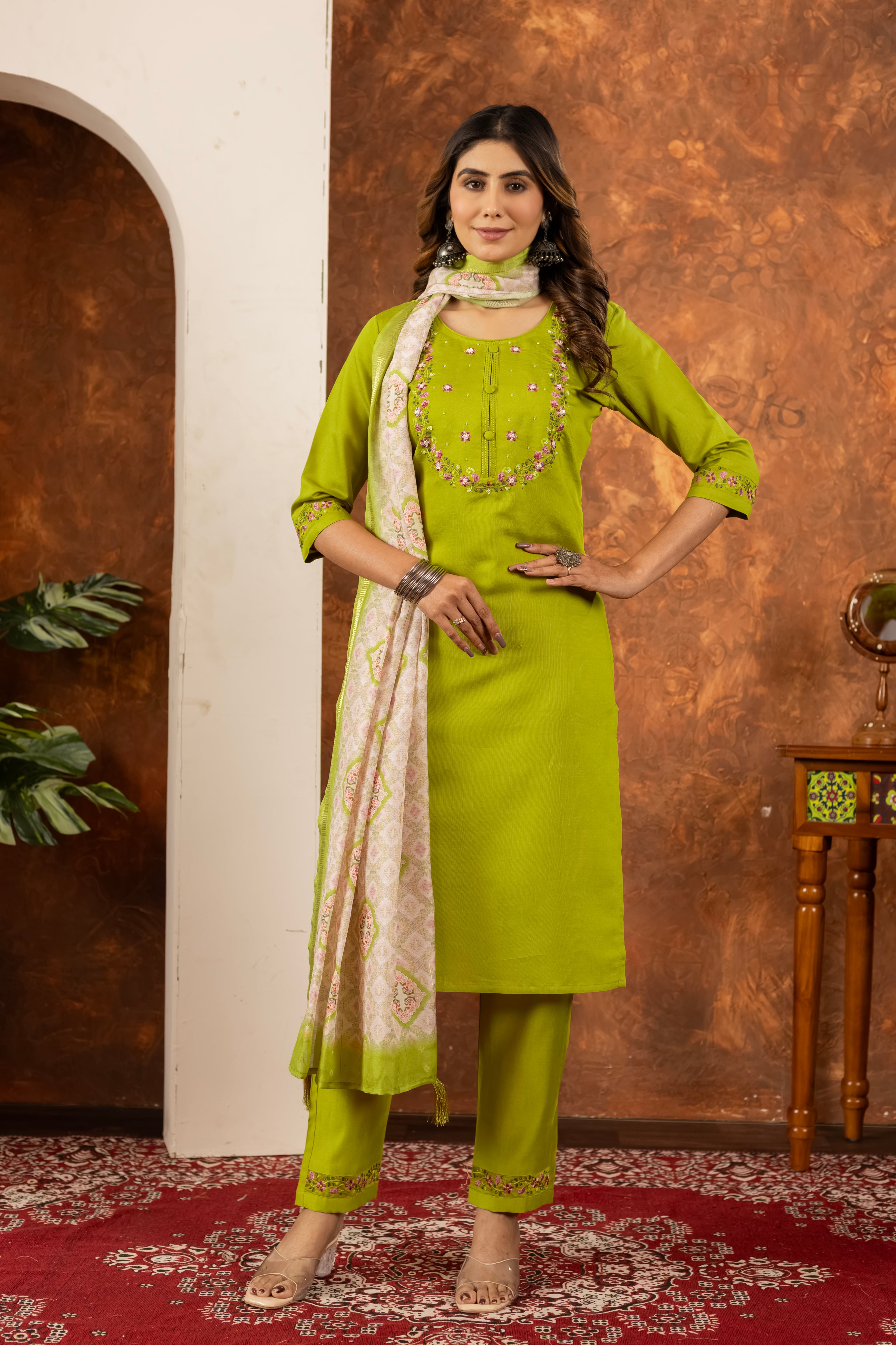 Marina Silk Straight Kurti Pant Dupatta Set with Embroidery Hand Work
