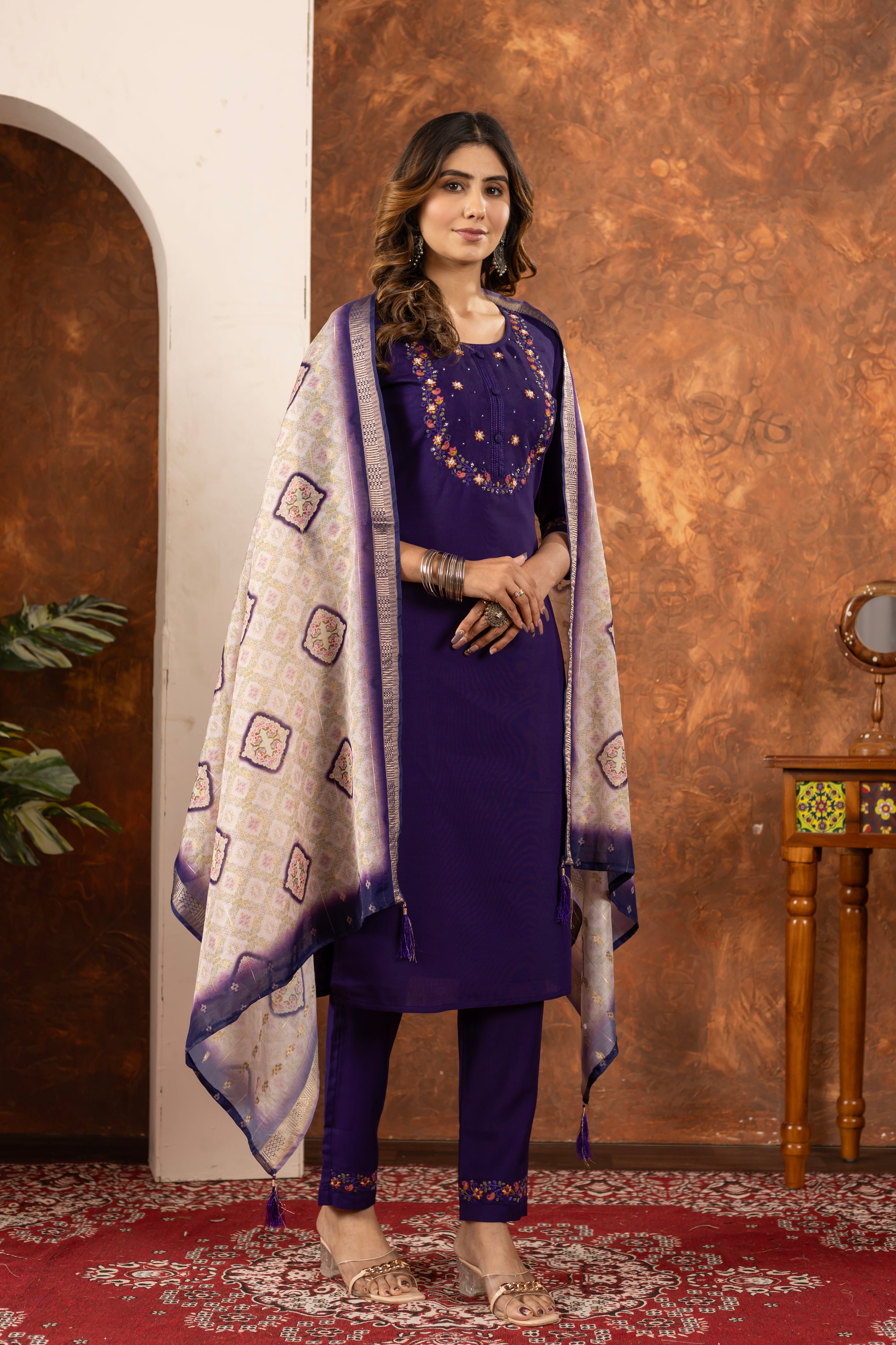 Marina Silk Straight Kurti Pant Dupatta Set with Embroidery Hand Work