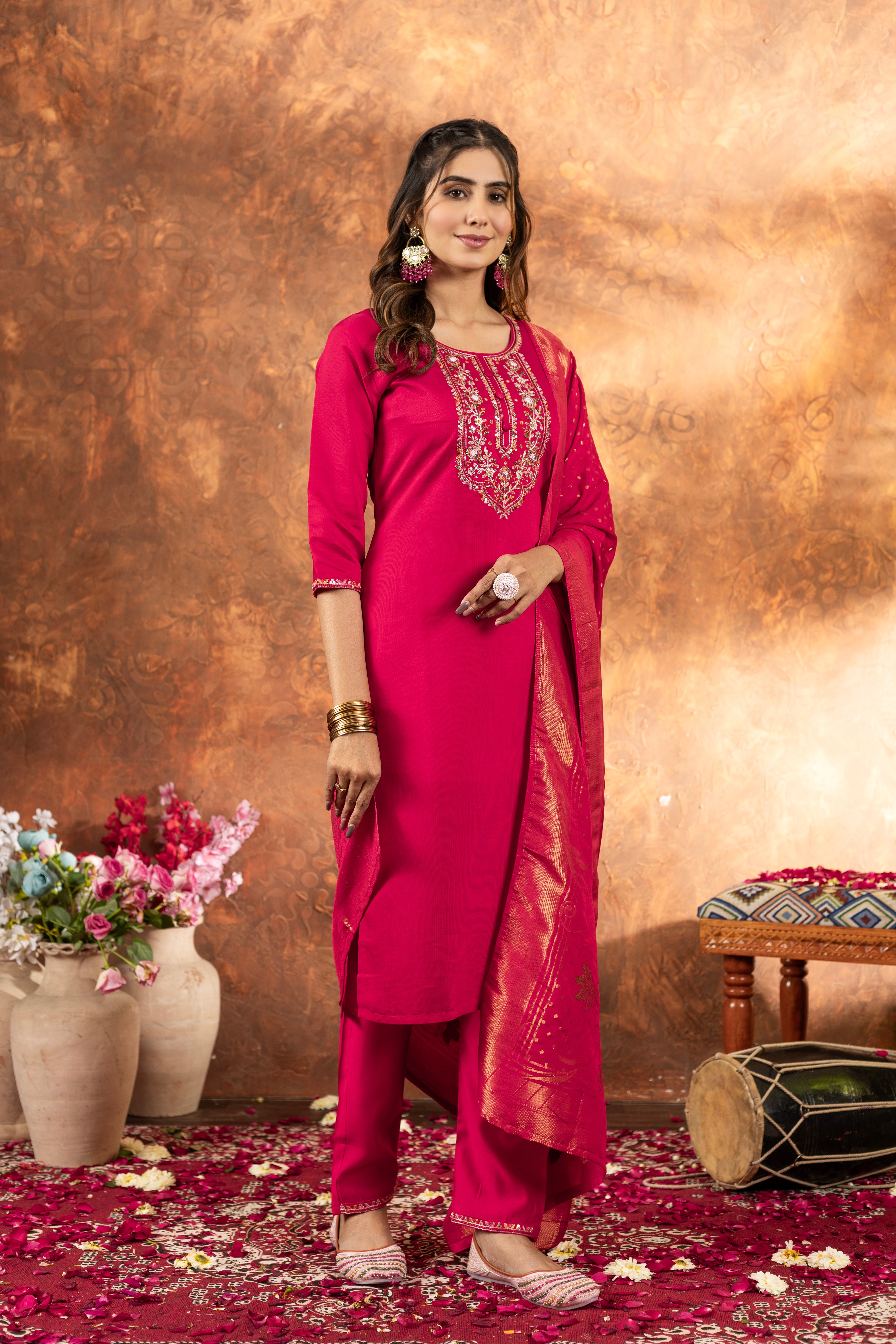 Marina Silk Straight Kurti Pant Dupatta Set with Multi Embroidery Hand Work