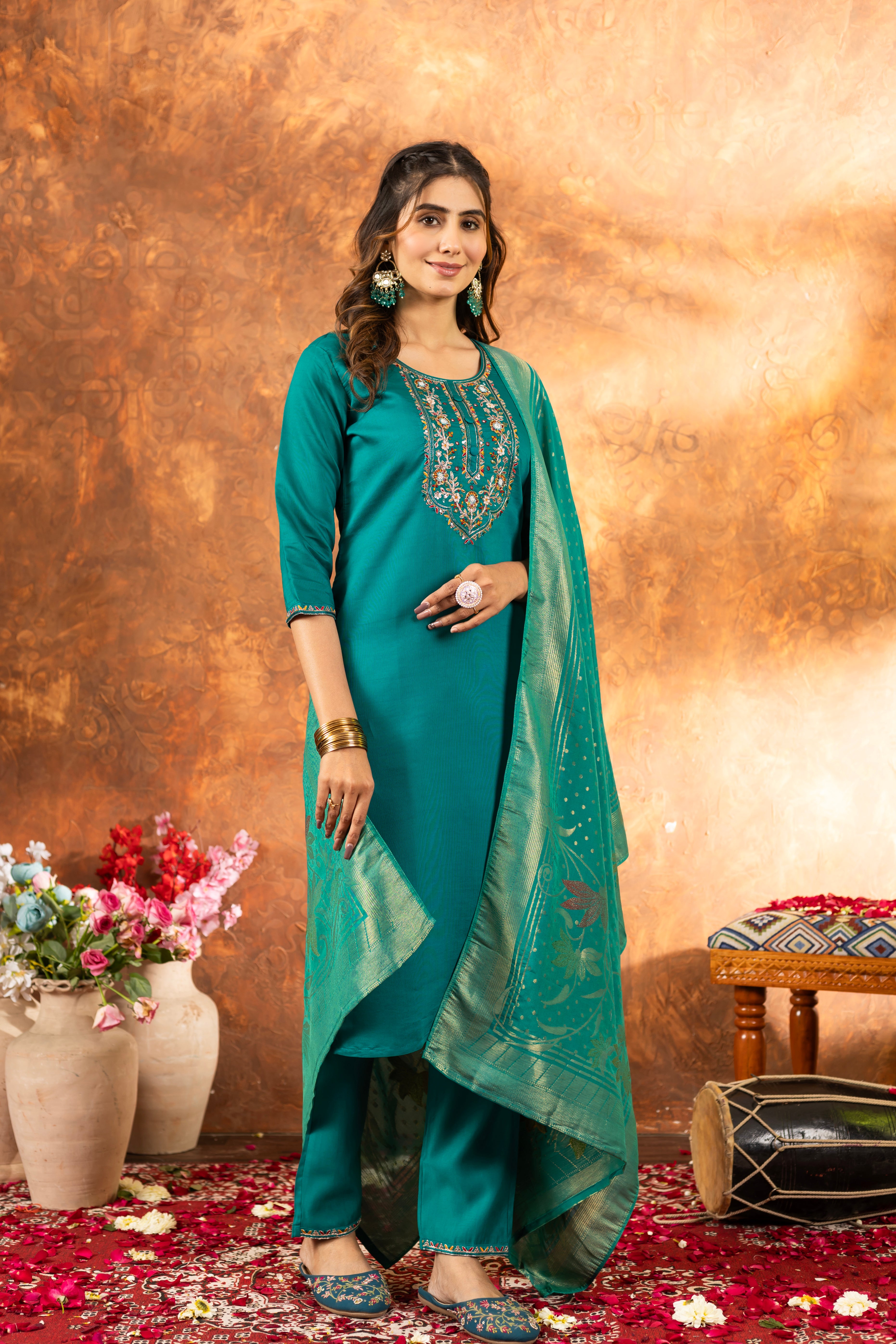 Marina Silk Straight Kurti Pant Dupatta Set with Multi Embroidery Hand Work