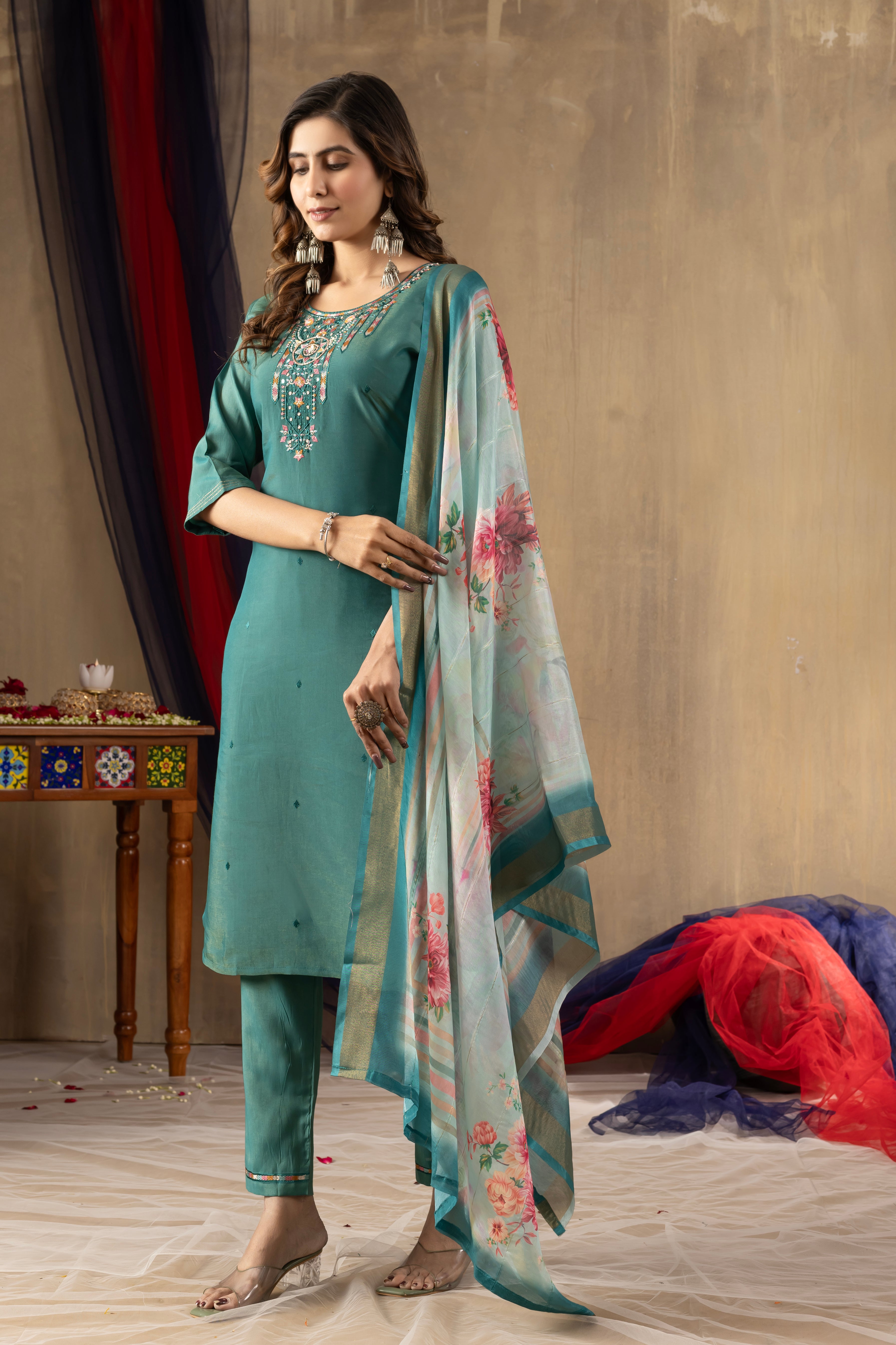 Women's Shimmer Gold Silk Straight Kurti Pant Dupatta Set with Multi Embroidery Hand Work