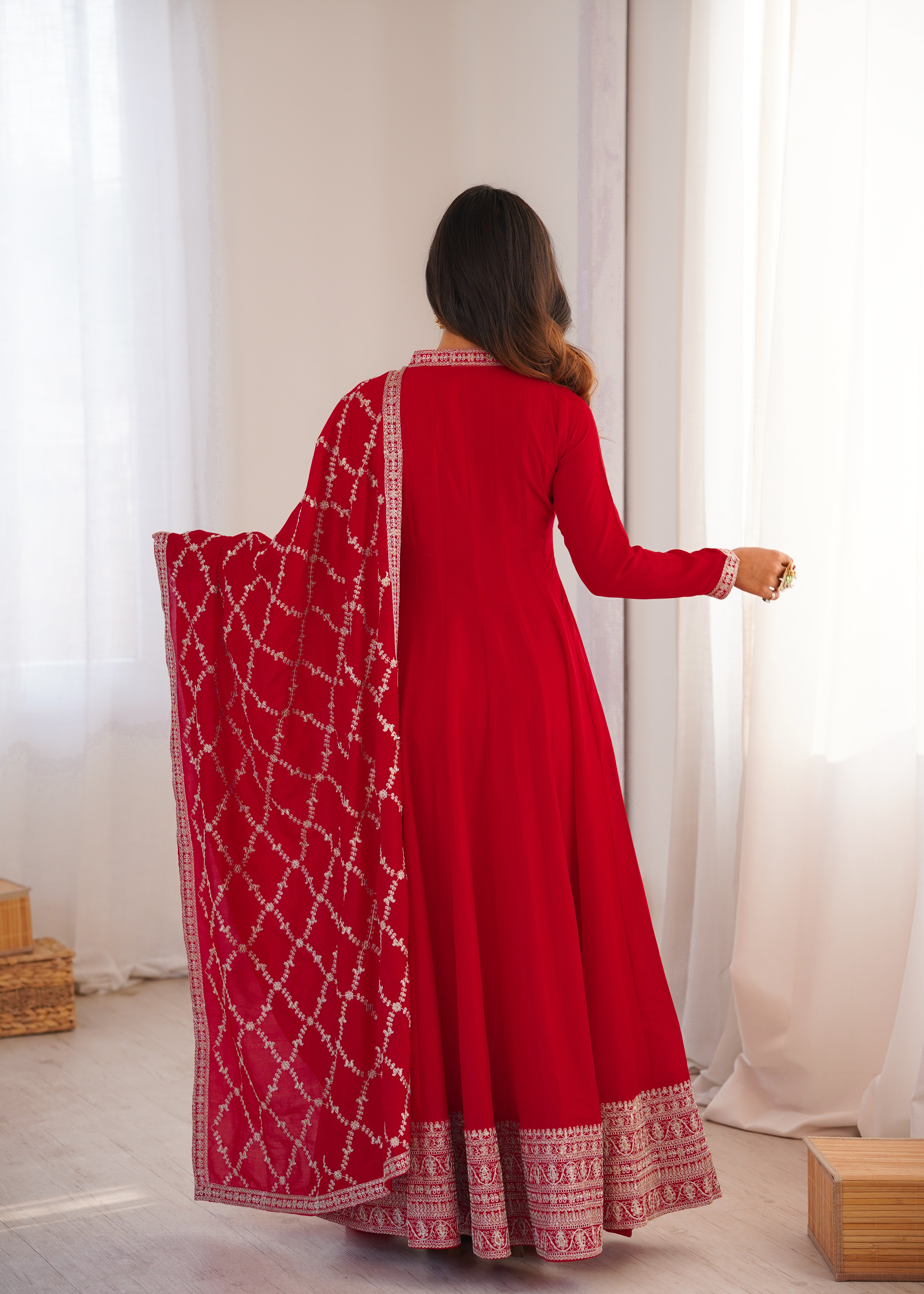 Premium Blooming Vichitra Silk Flared Anarkali Gown with Embroidered Dupatta