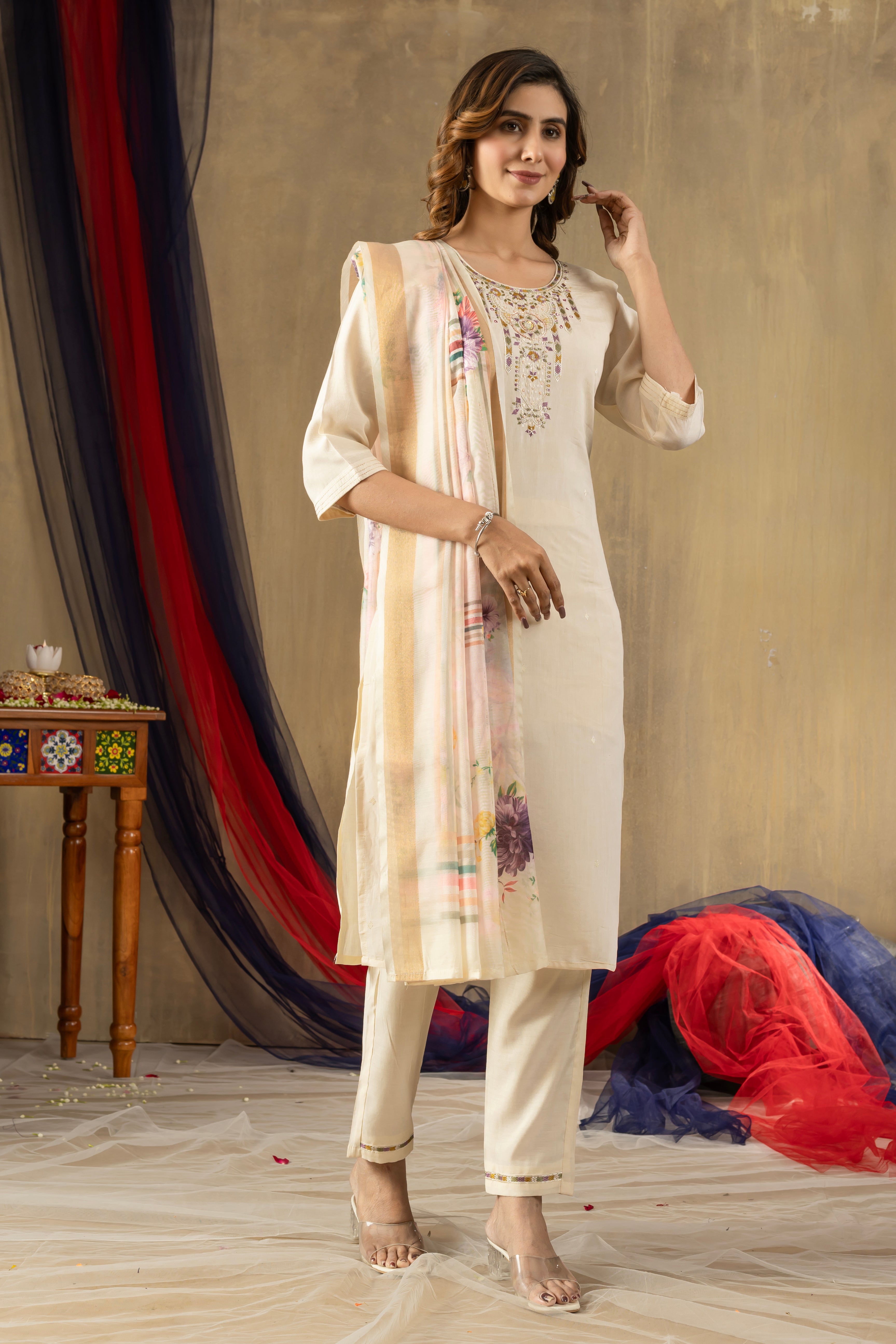 Women's Shimmer Gold Silk Straight Kurti Pant Dupatta Set with Multi Embroidery Hand Work