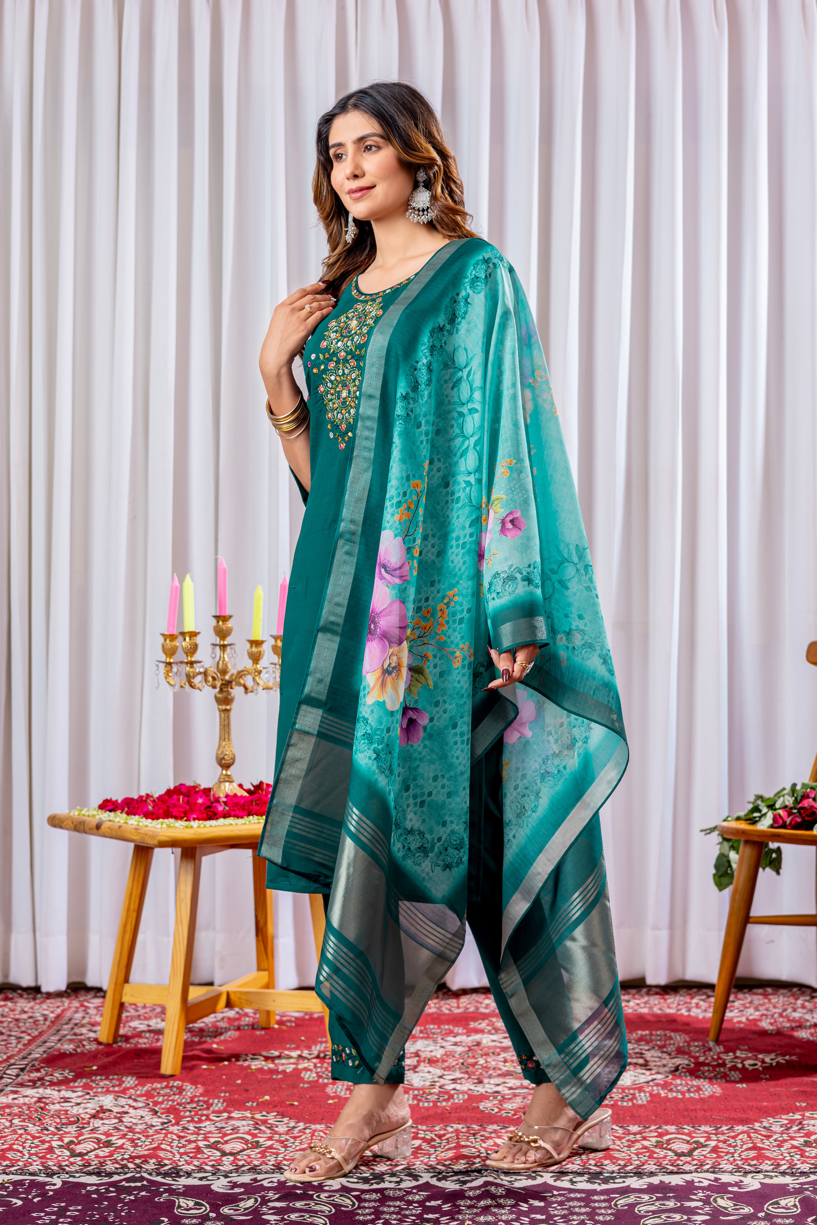 Women's Viscose Silk Straight Kurti Pant Dupatta Set with Multi Embroidery Thread Work & Chanderi Silk Dupatta