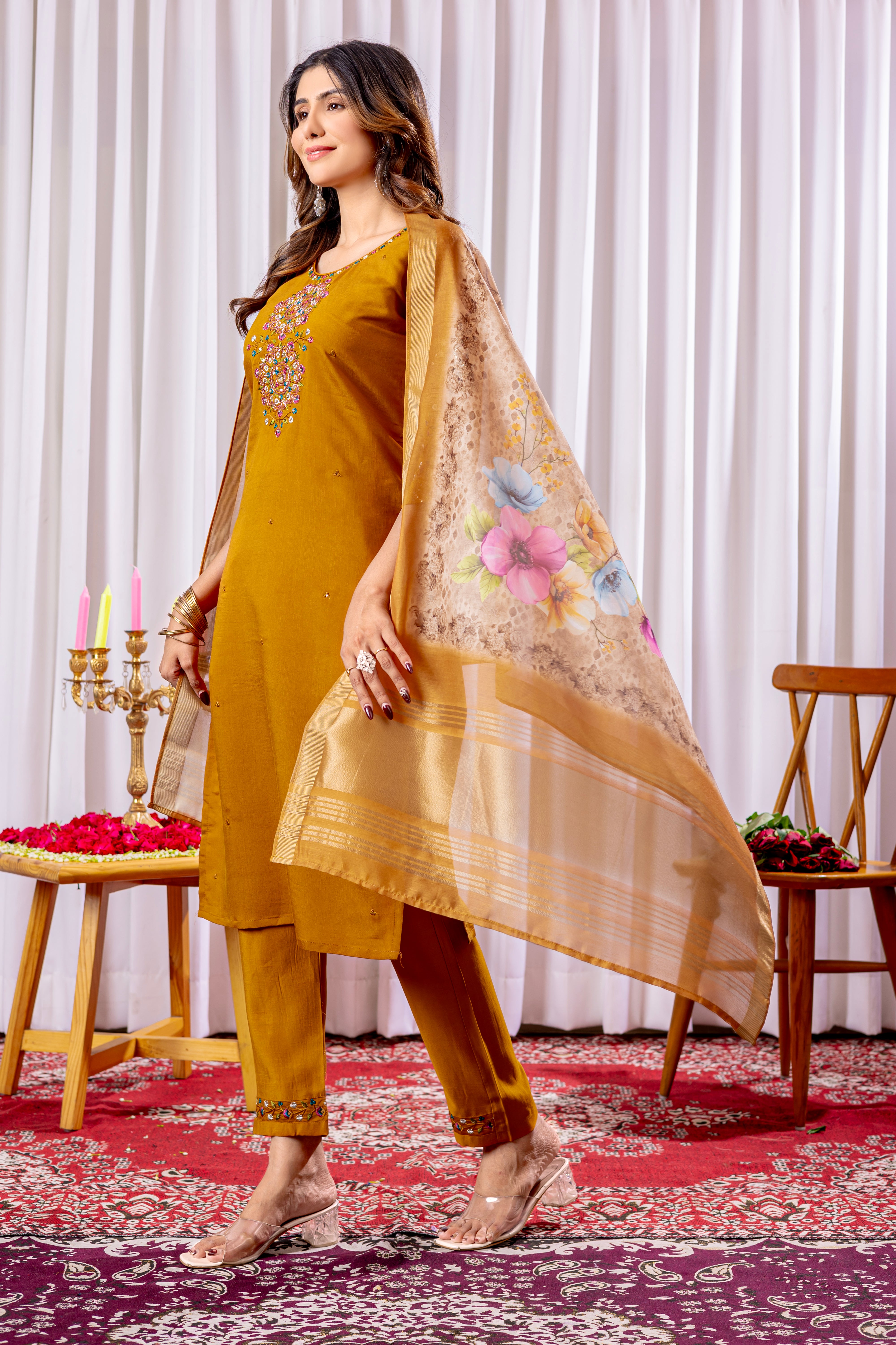 Women's Viscose Silk Straight Kurti Pant Dupatta Set with Multi Embroidery Thread Work & Chanderi Silk Dupatta