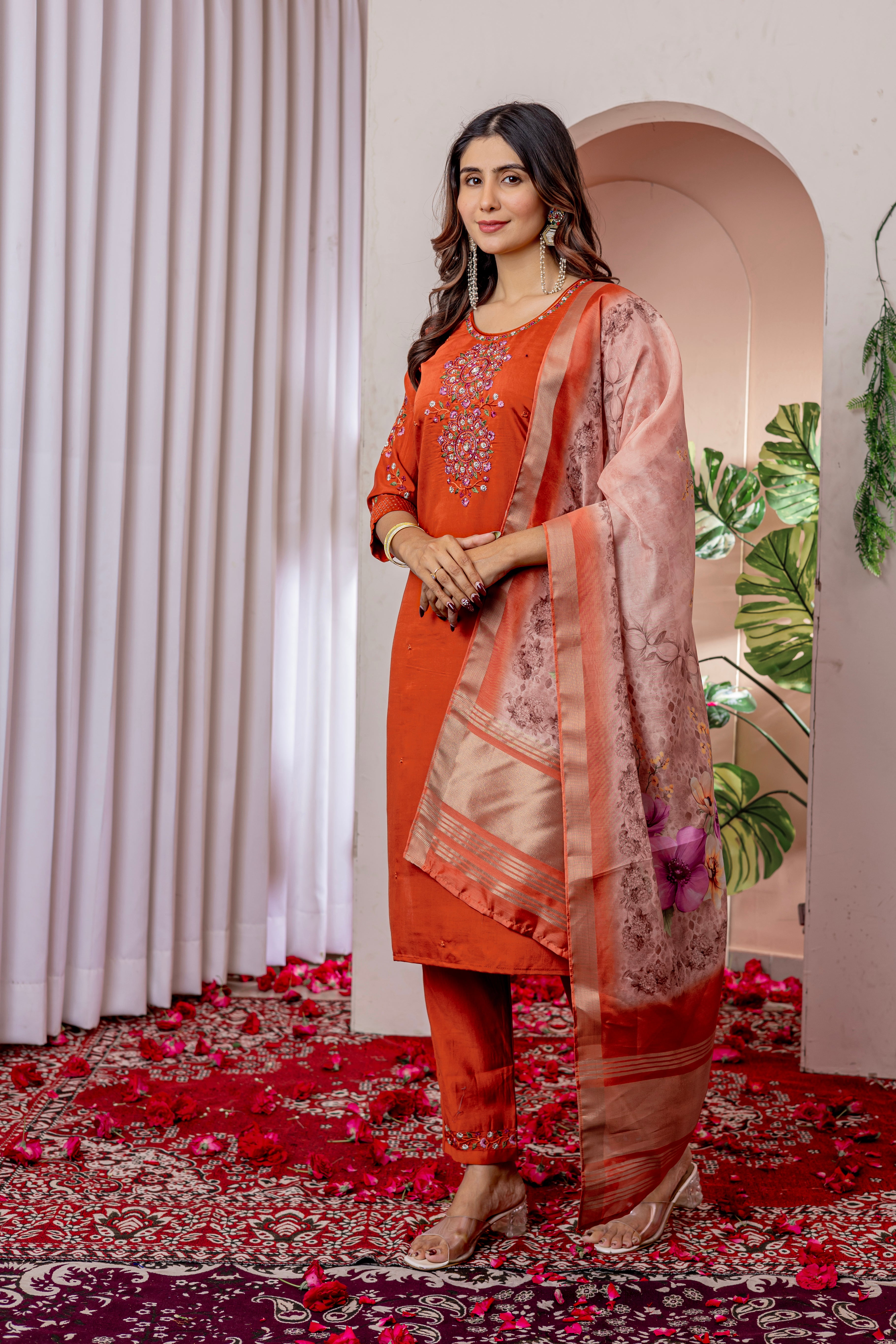 Women's Viscose Silk Straight Kurti Pant Dupatta Set with Multi Embroidery Thread Work & Chanderi Silk Dupatta