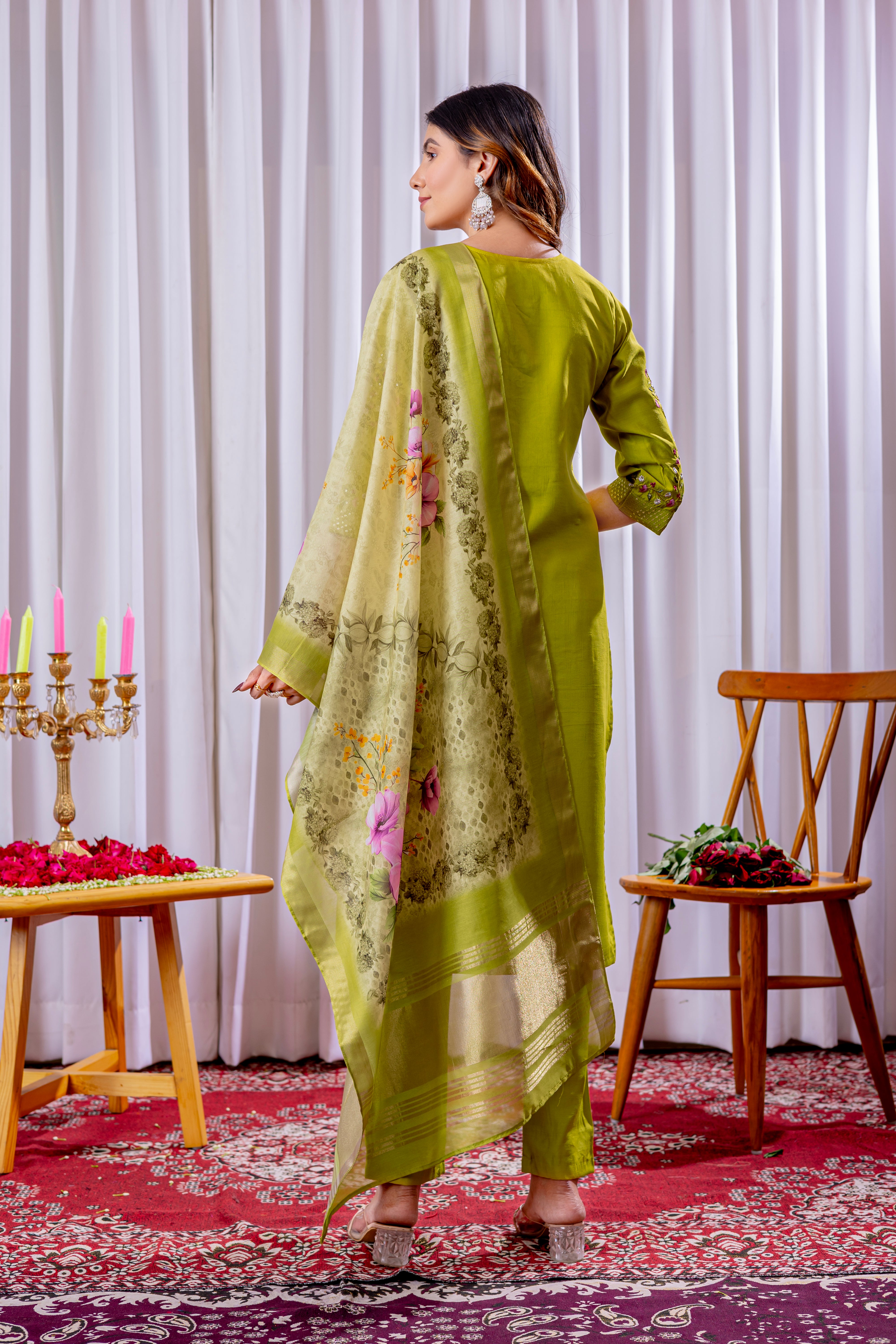 Women's Viscose Silk Straight Kurti Pant Dupatta Set with Multi Embroidery Thread Work & Chanderi Silk Dupatta