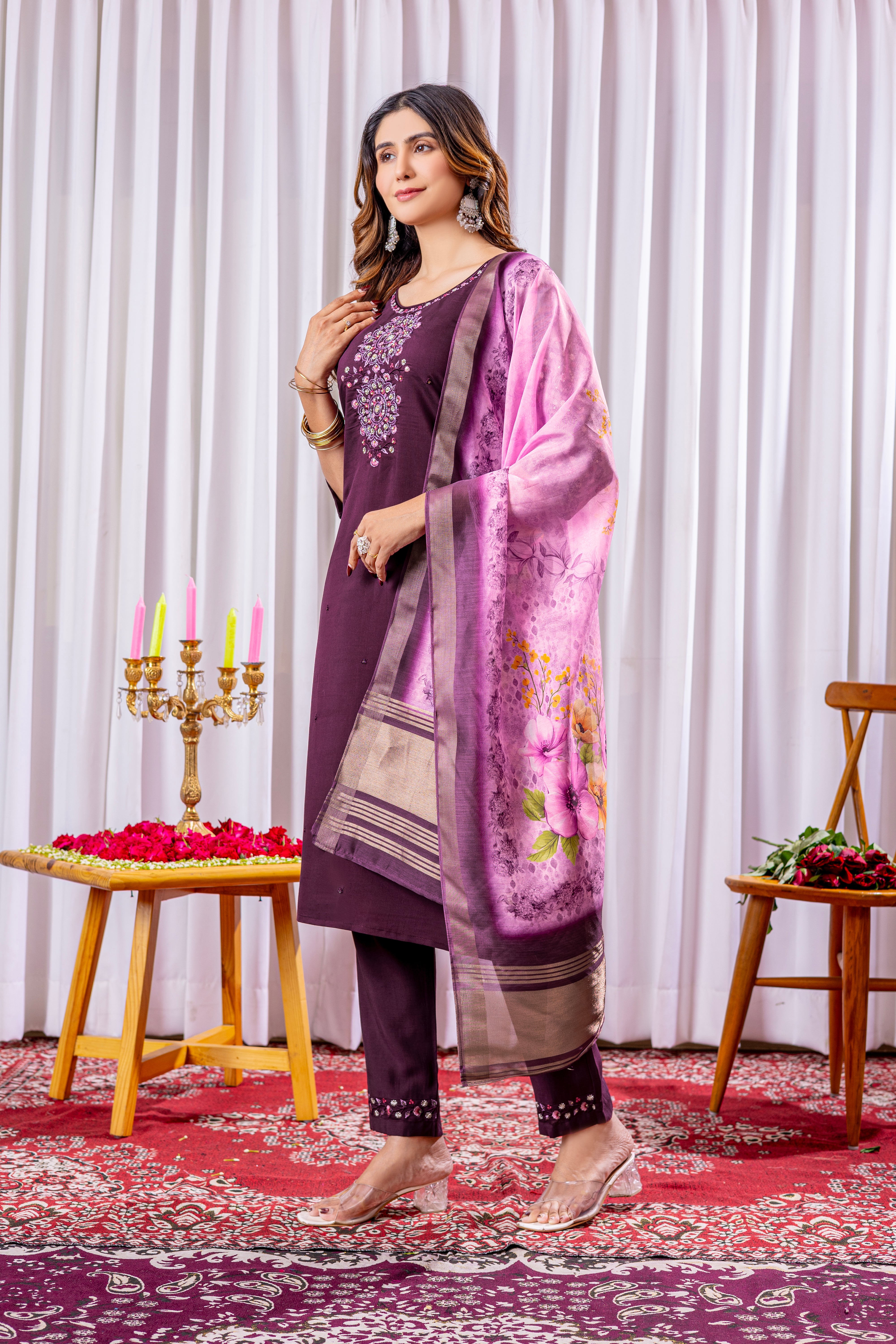 Women's Viscose Silk Straight Kurti Pant Dupatta Set with Multi Embroidery Thread Work & Chanderi Silk Dupatta