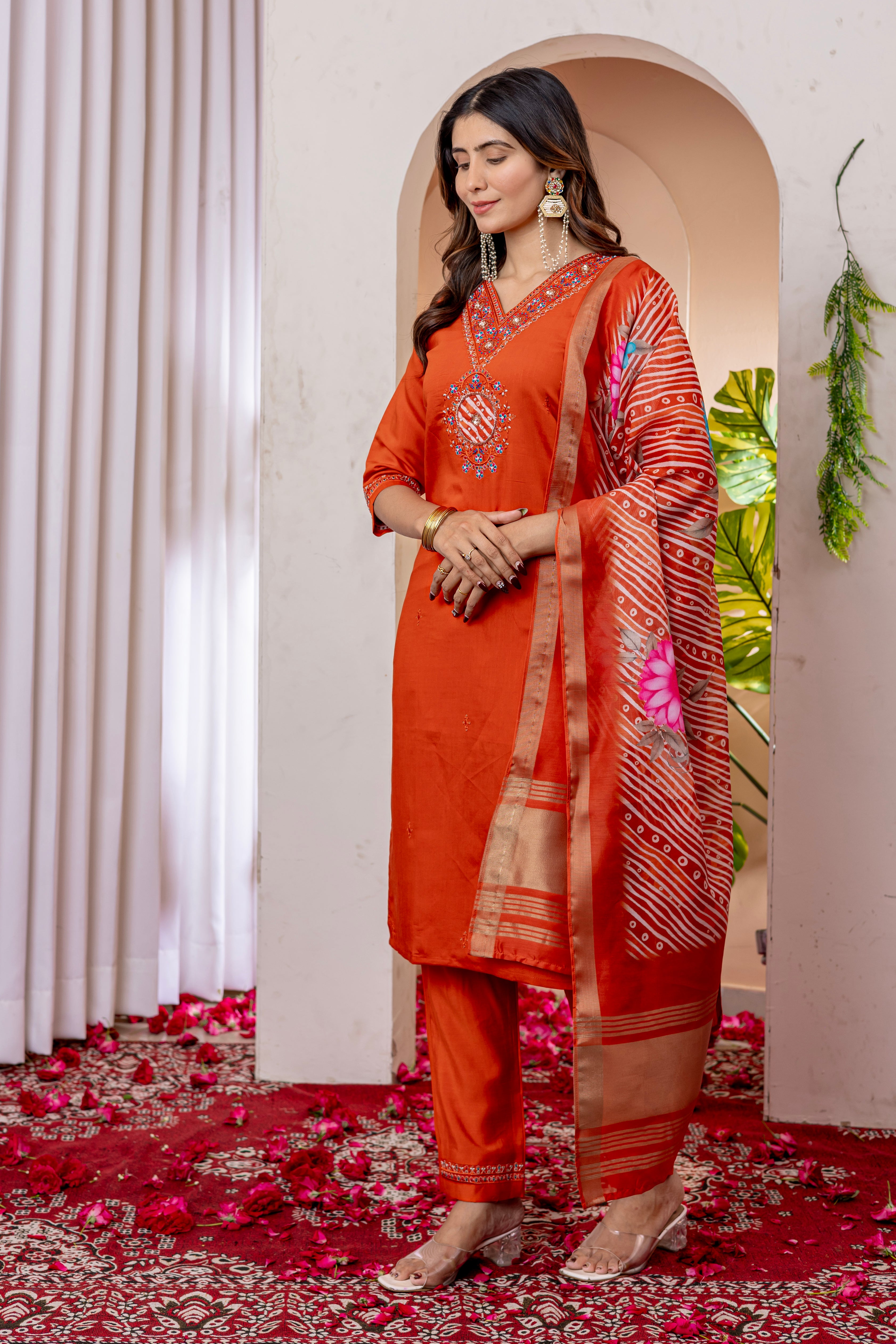 Women's Marina Viscose Silk Straight Kurti Pant Dupatta Set with Multi Embroidery Thread Work & Chanderi Silk Dupatta