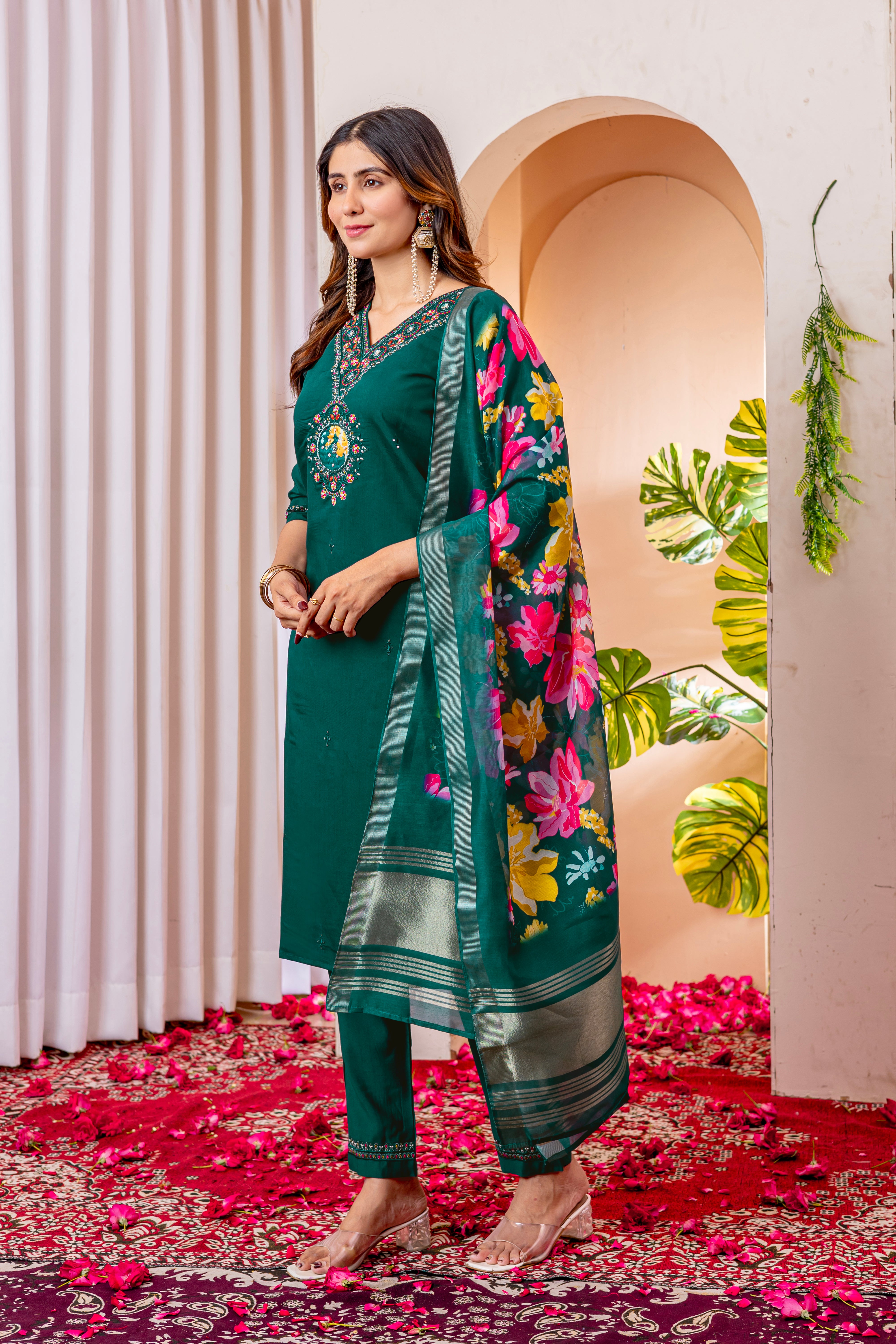 Women's Marina Viscose Silk Straight Kurti Pant Dupatta Set with Multi Embroidery Thread Work & Chanderi Silk Dupatta