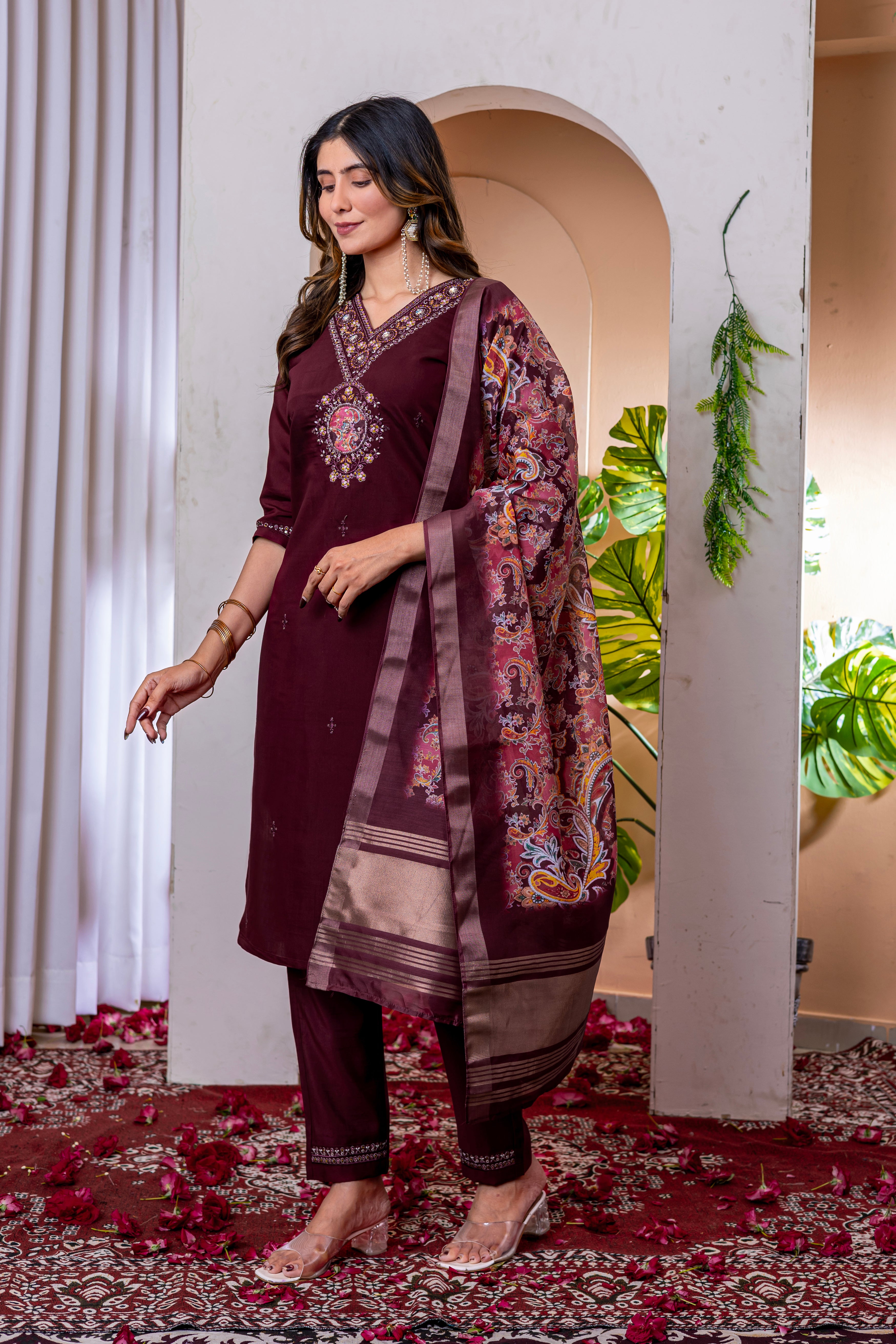 Women's Marina Viscose Silk Straight Kurti Pant Dupatta Set with Multi Embroidery Thread Work & Chanderi Silk Dupatta