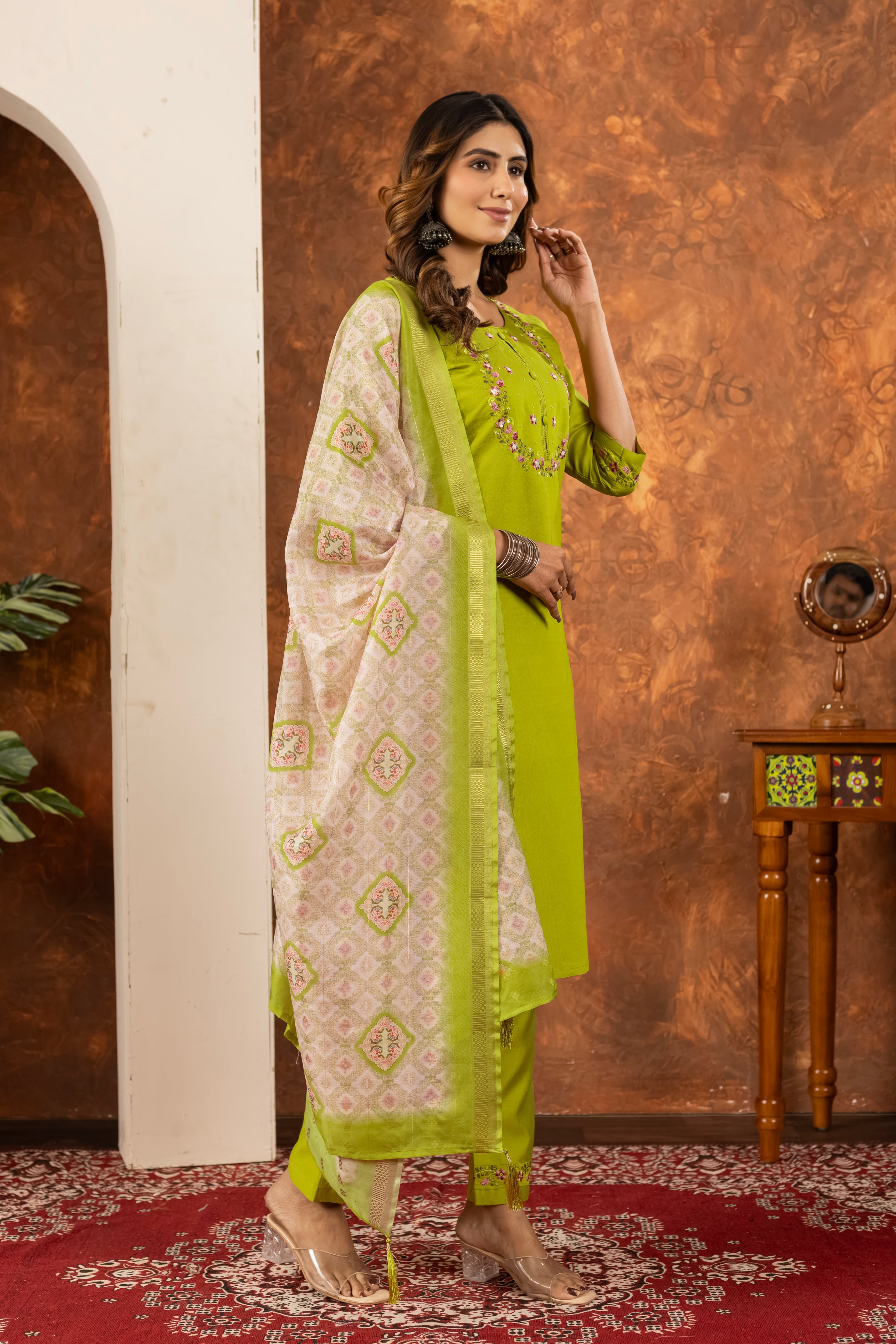 Marina Silk Straight Kurti Pant Dupatta Set with Embroidery Hand Work