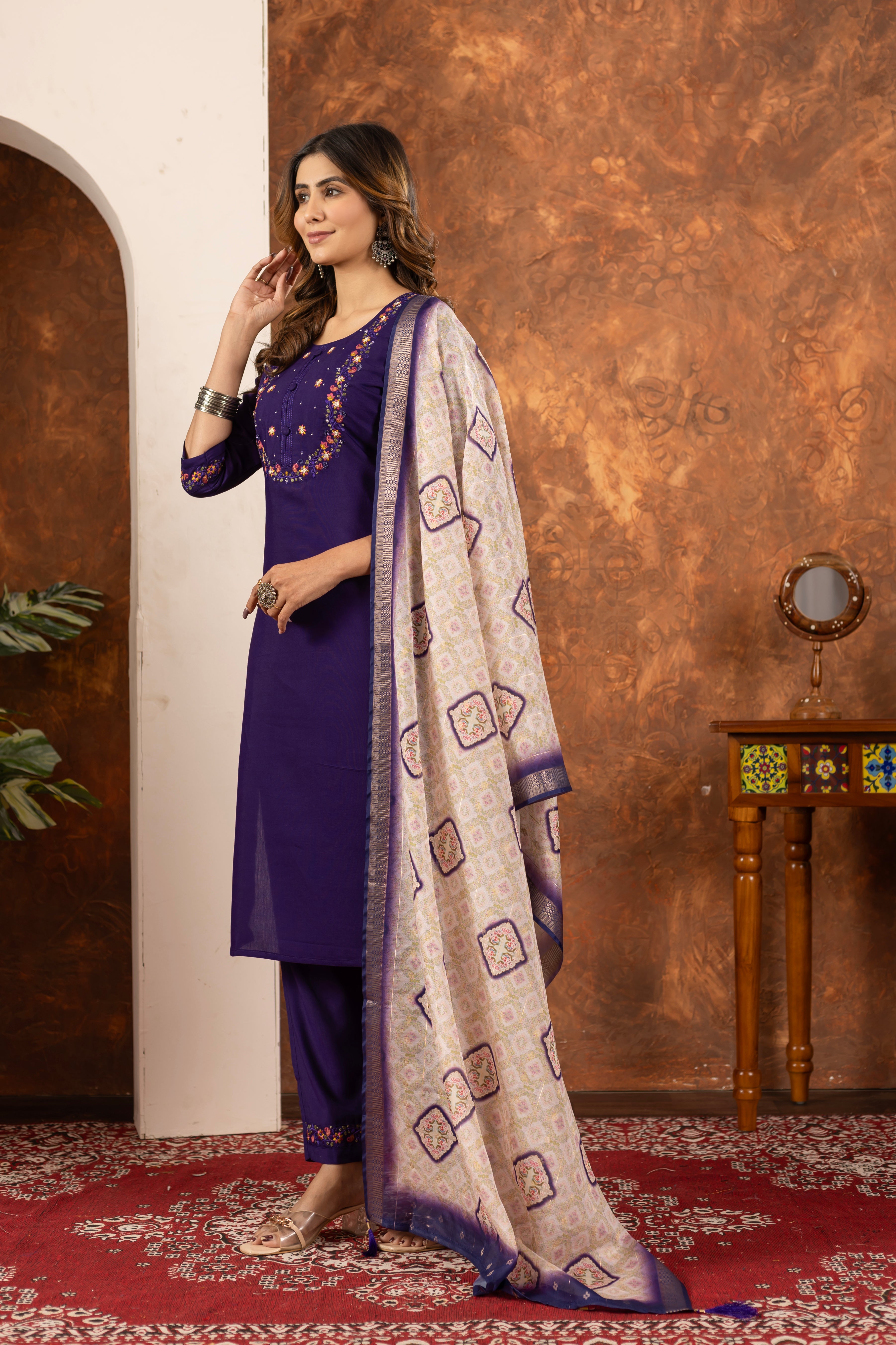Marina Silk Straight Kurti Pant Dupatta Set with Embroidery Hand Work