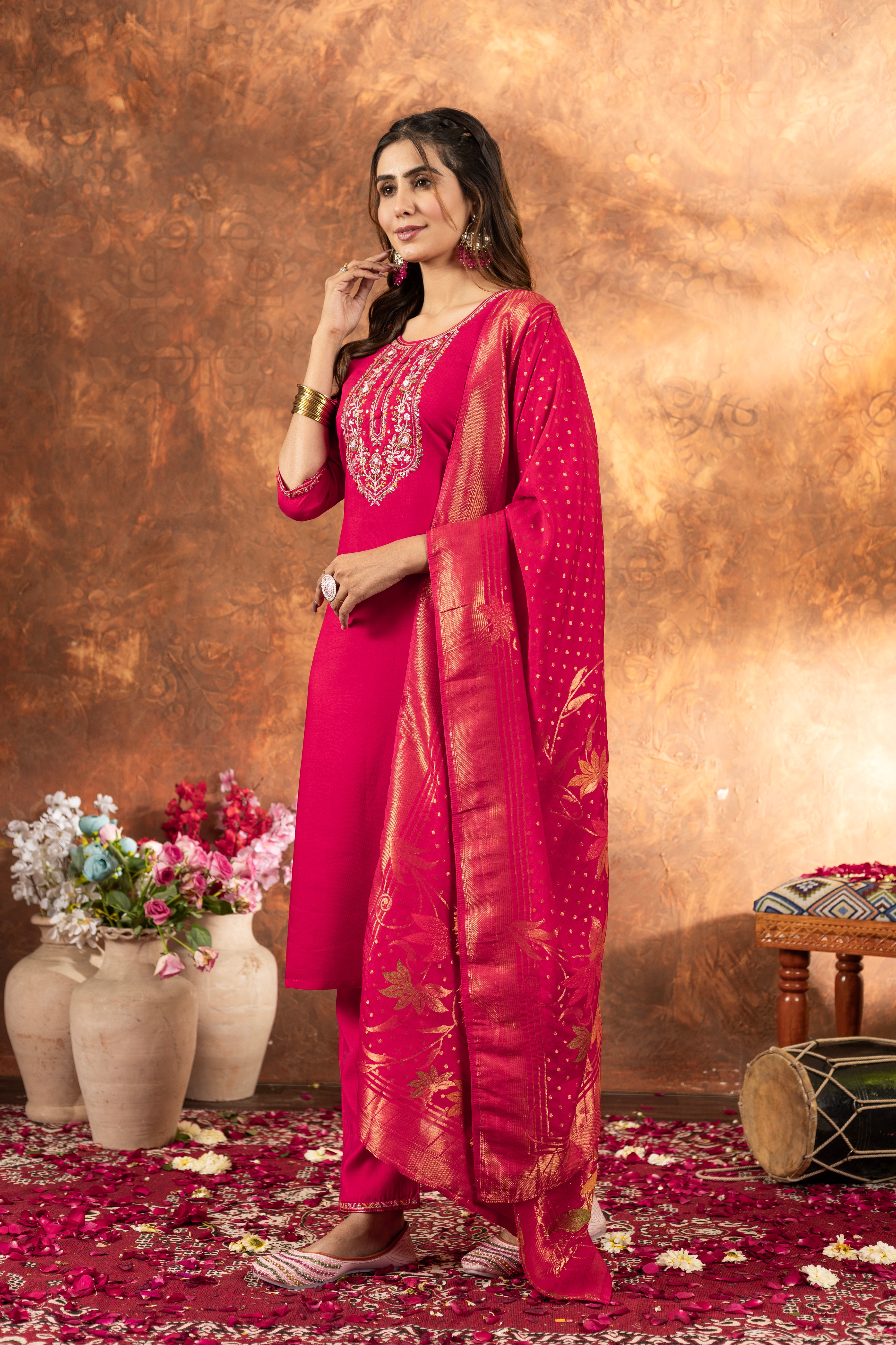 Marina Silk Straight Kurti Pant Dupatta Set with Multi Embroidery Hand Work