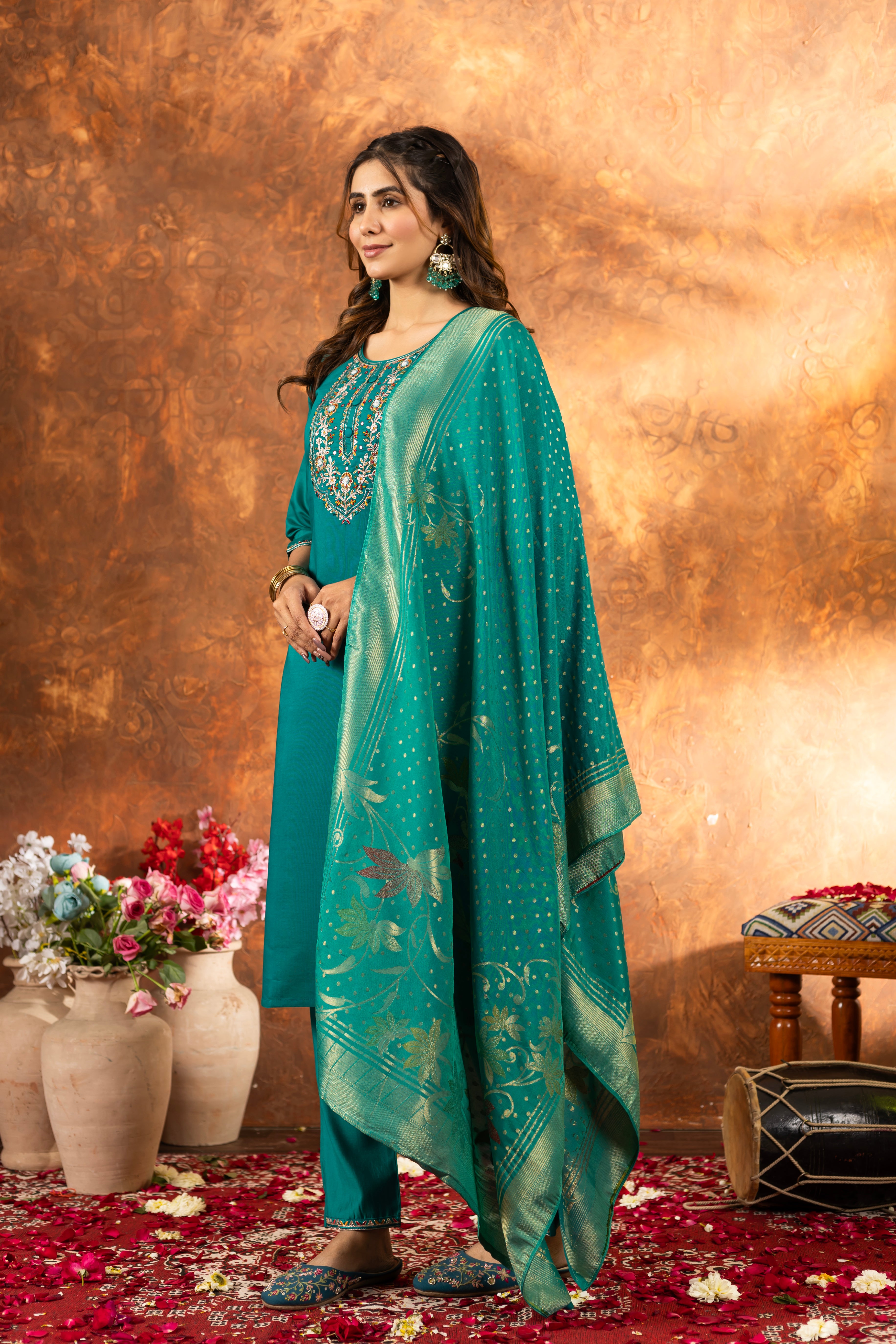 Marina Silk Straight Kurti Pant Dupatta Set with Multi Embroidery Hand Work