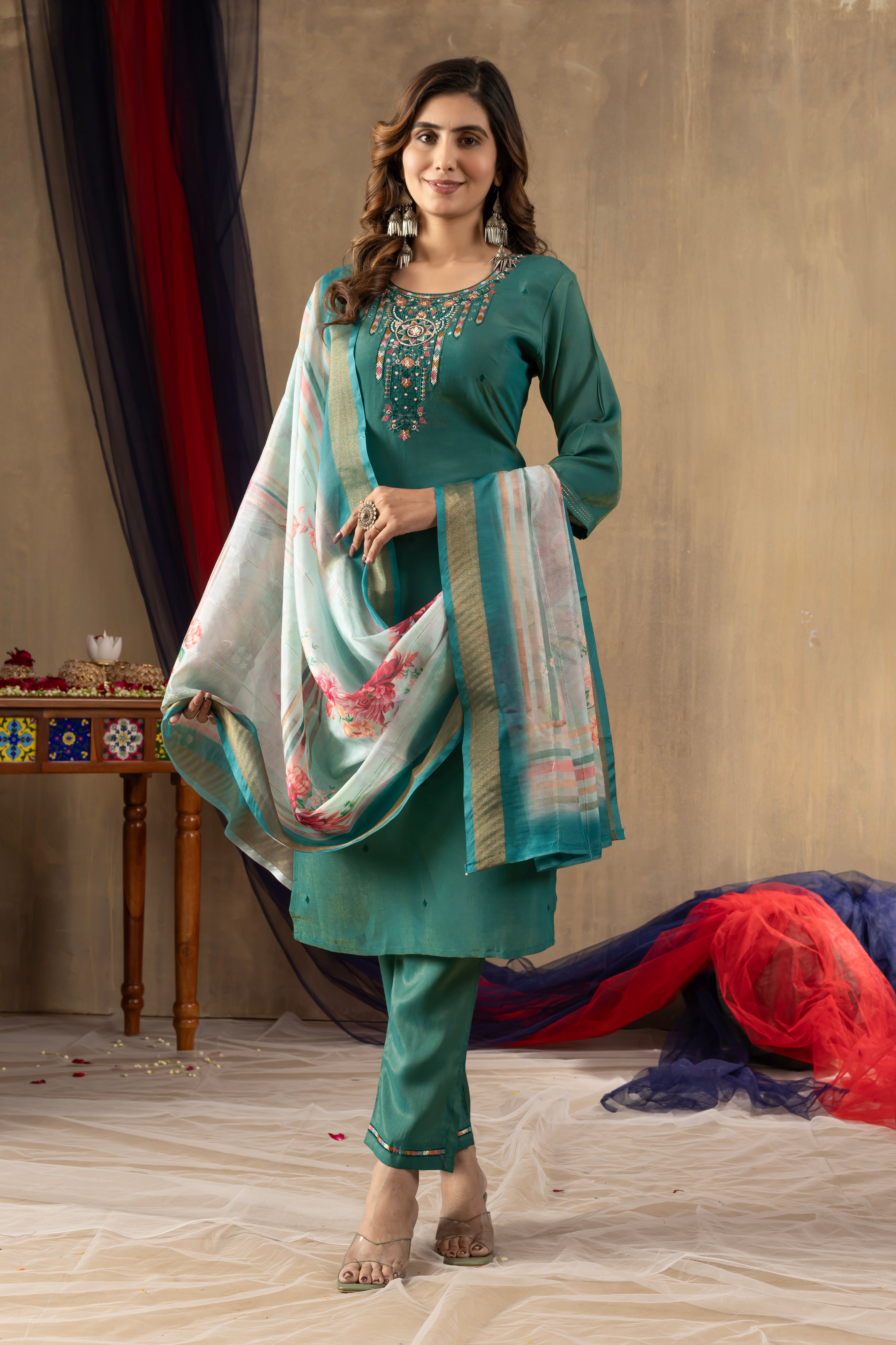 Women's Shimmer Gold Silk Straight Kurti Pant Dupatta Set with Multi Embroidery Hand Work