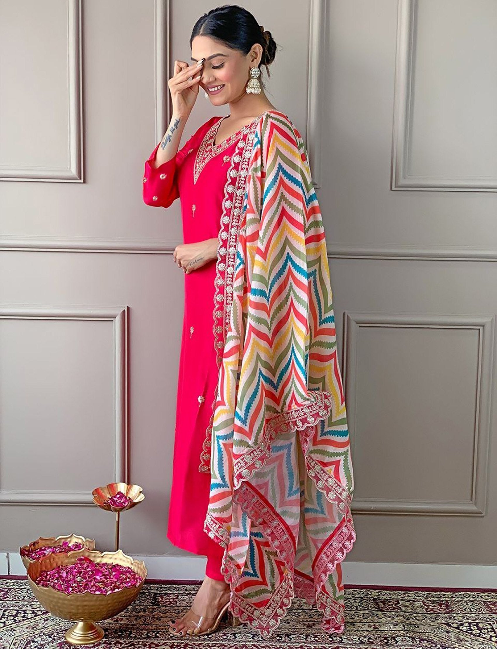 Women's Pink Embroidered Tesla Pure Silk Kurta Pant Dupatta Set