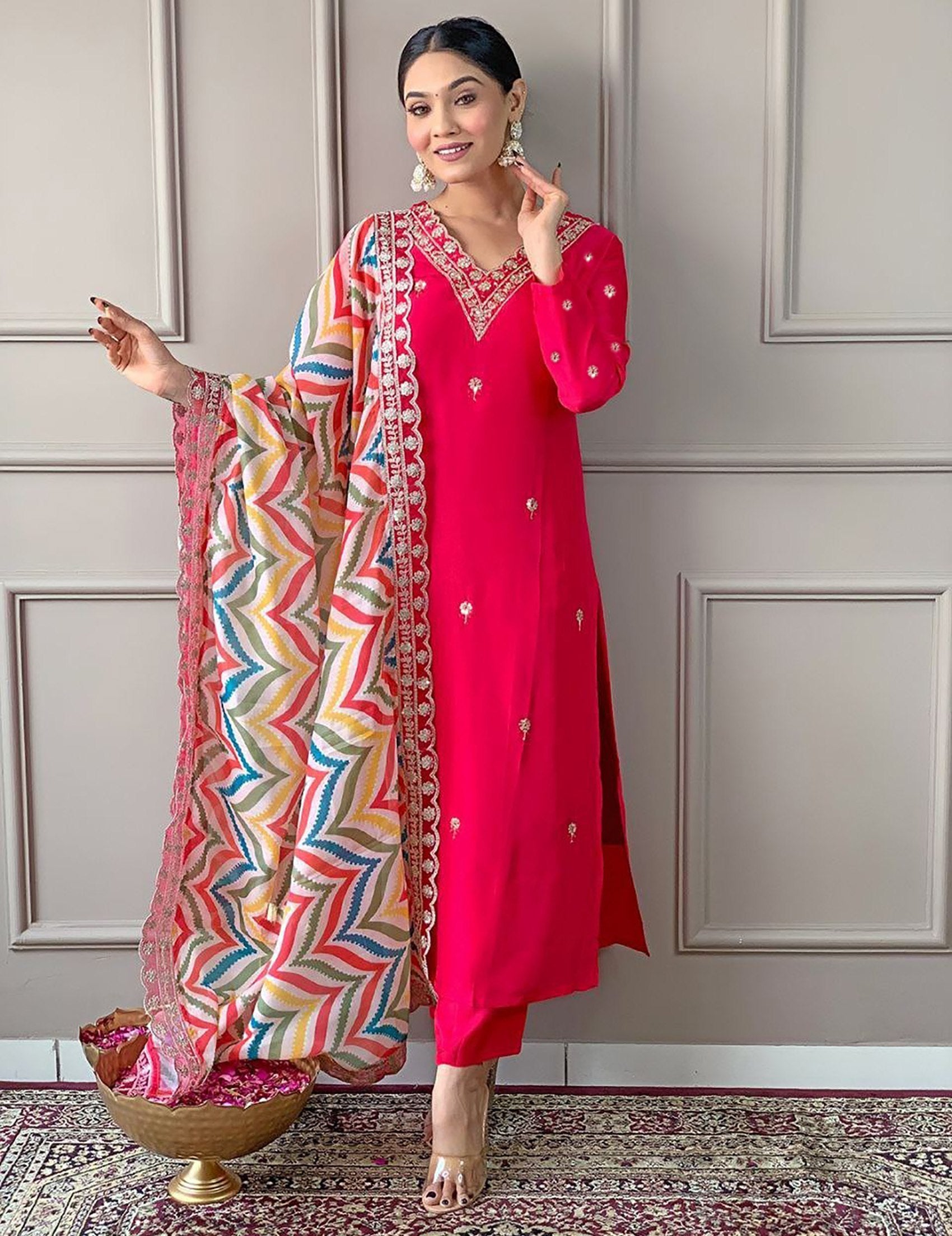 Women's Pink Embroidered Tesla Pure Silk Kurta Pant Dupatta Set