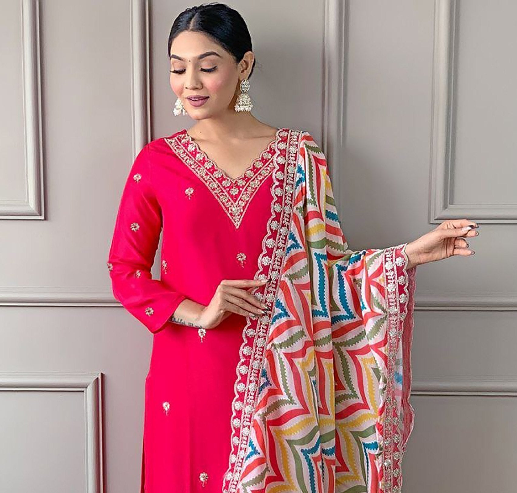 Women's Pink Embroidered Tesla Pure Silk Kurta Pant Dupatta Set