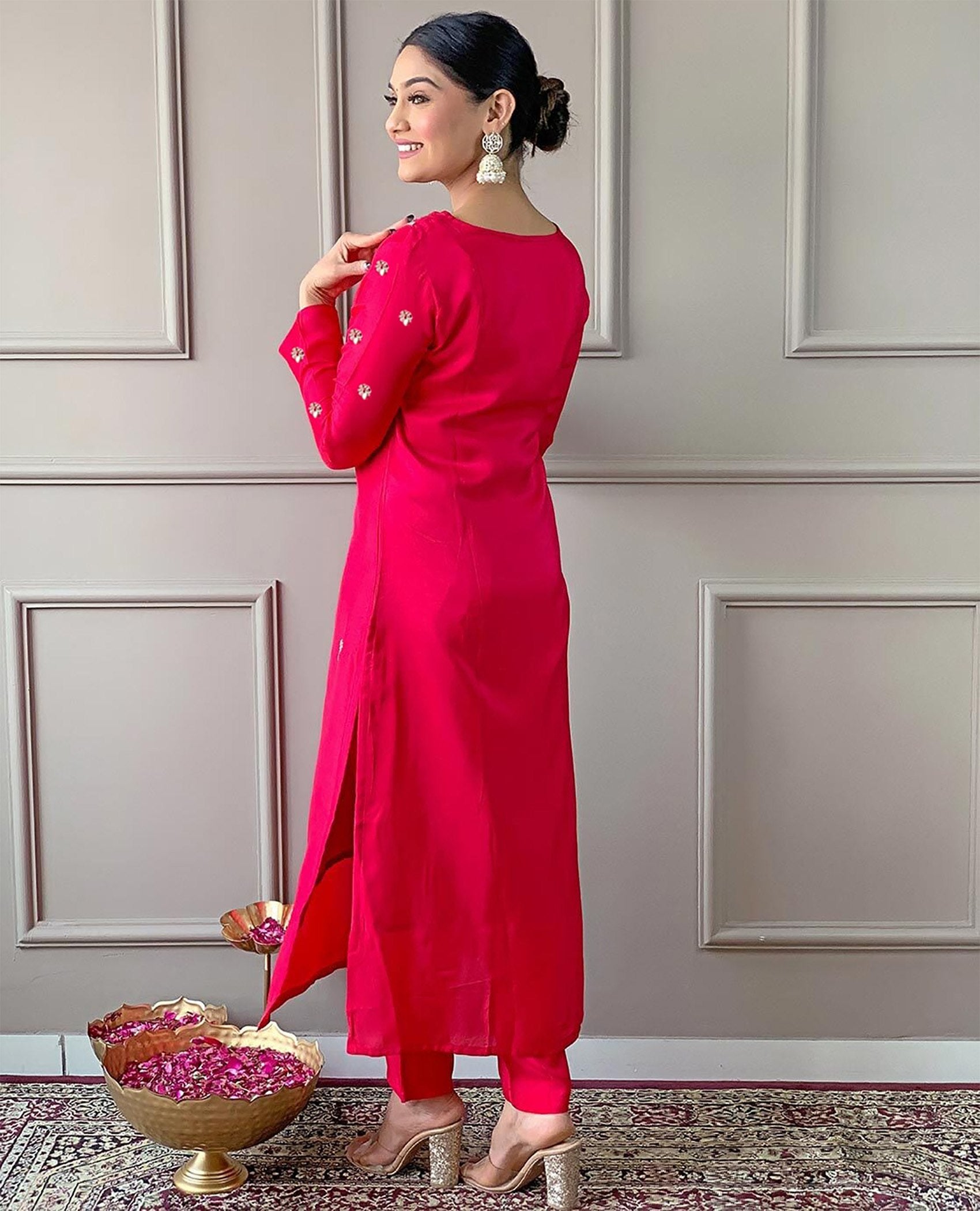 Women's Pink Embroidered Tesla Pure Silk Kurta Pant Dupatta Set