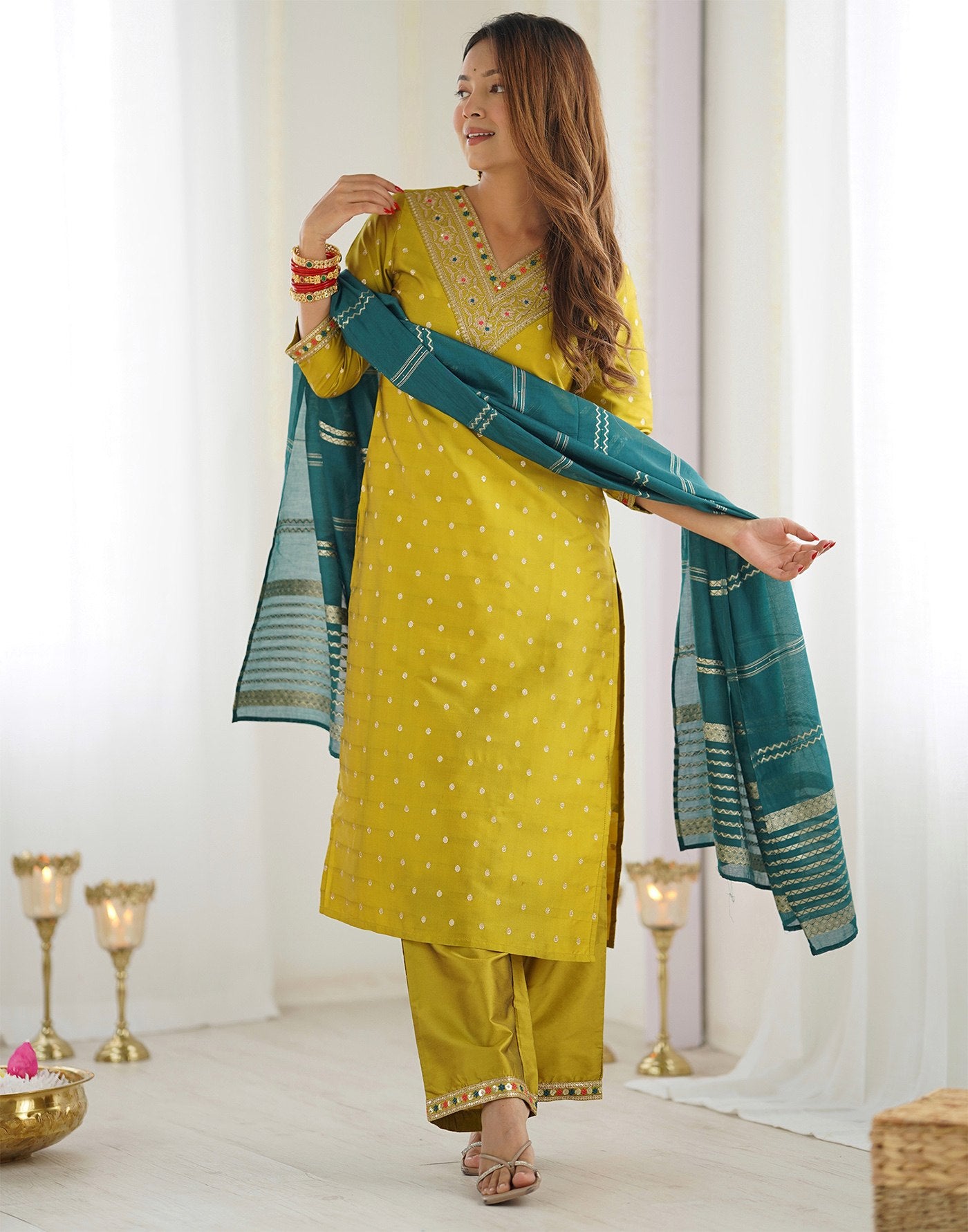 Women's Mustard Jacquard Silk Kurta Pant Dupatta Set with Woven Design