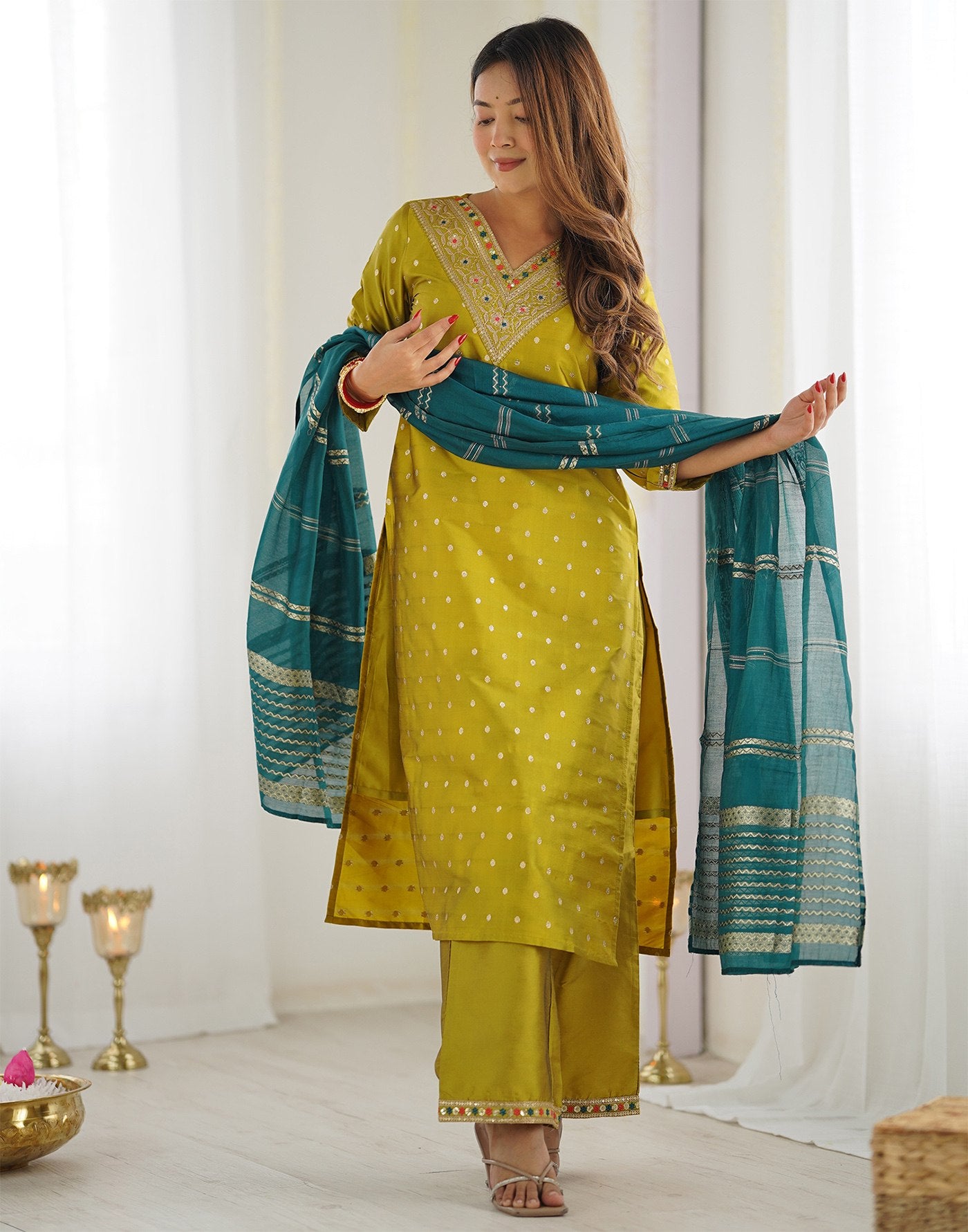 Women's Mustard Jacquard Silk Kurta Pant Dupatta Set with Woven Design
