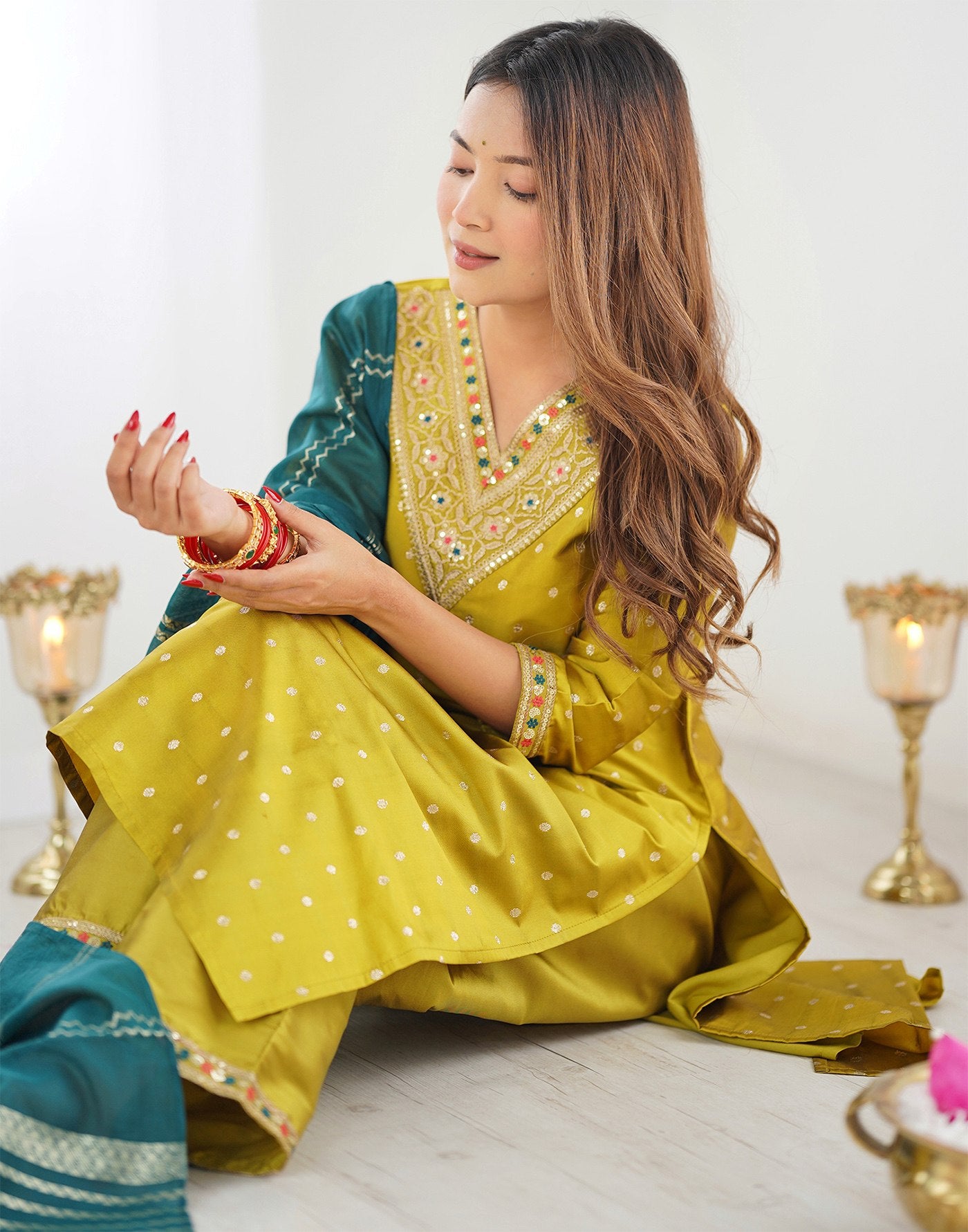 Women's Mustard Jacquard Silk Kurta Pant Dupatta Set with Woven Design