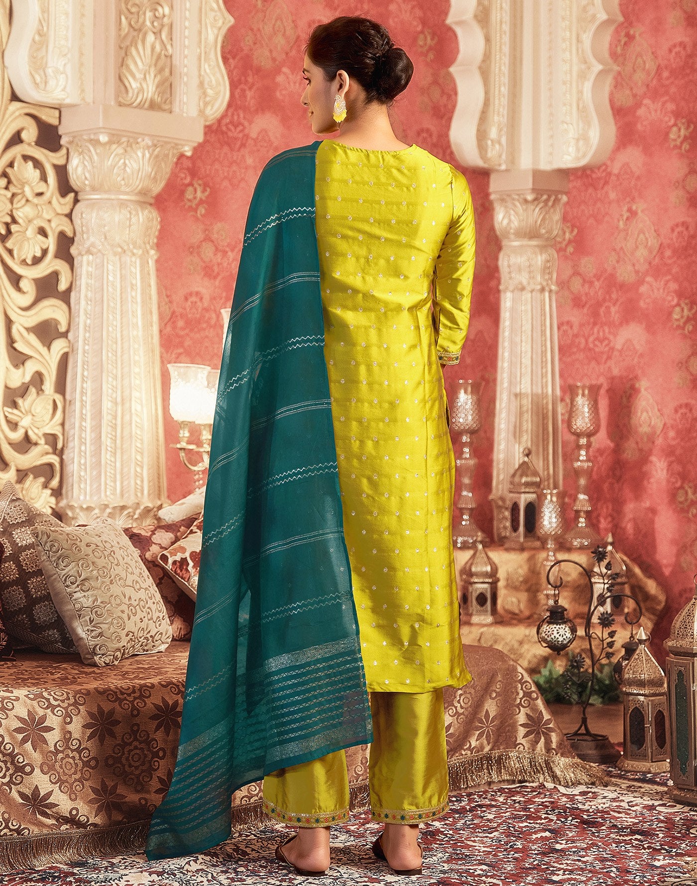 Women's Mustard Jacquard Silk Kurta Pant Dupatta Set with Woven Design