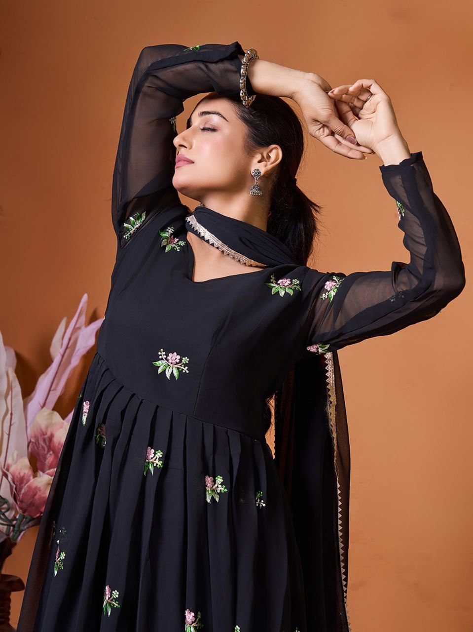 Women's Black Embroidered Georgette Anarkali Gown with Lace Border Dupatta