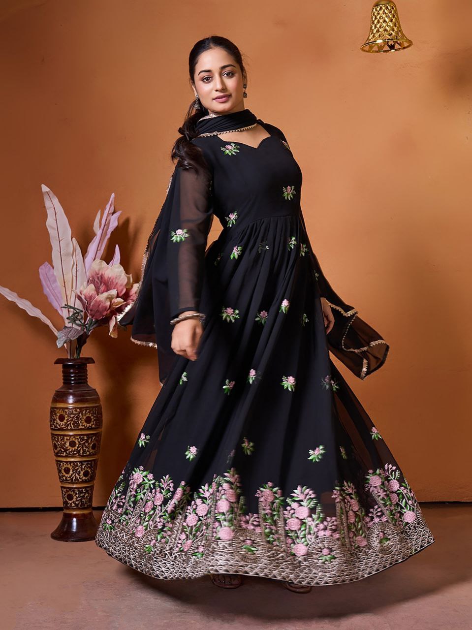 Women's Black Embroidered Georgette Anarkali Gown with Lace Border Dupatta