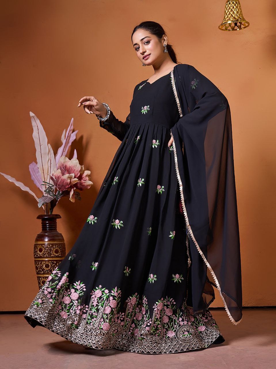 Women's Black Embroidered Georgette Anarkali Gown with Lace Border Dupatta