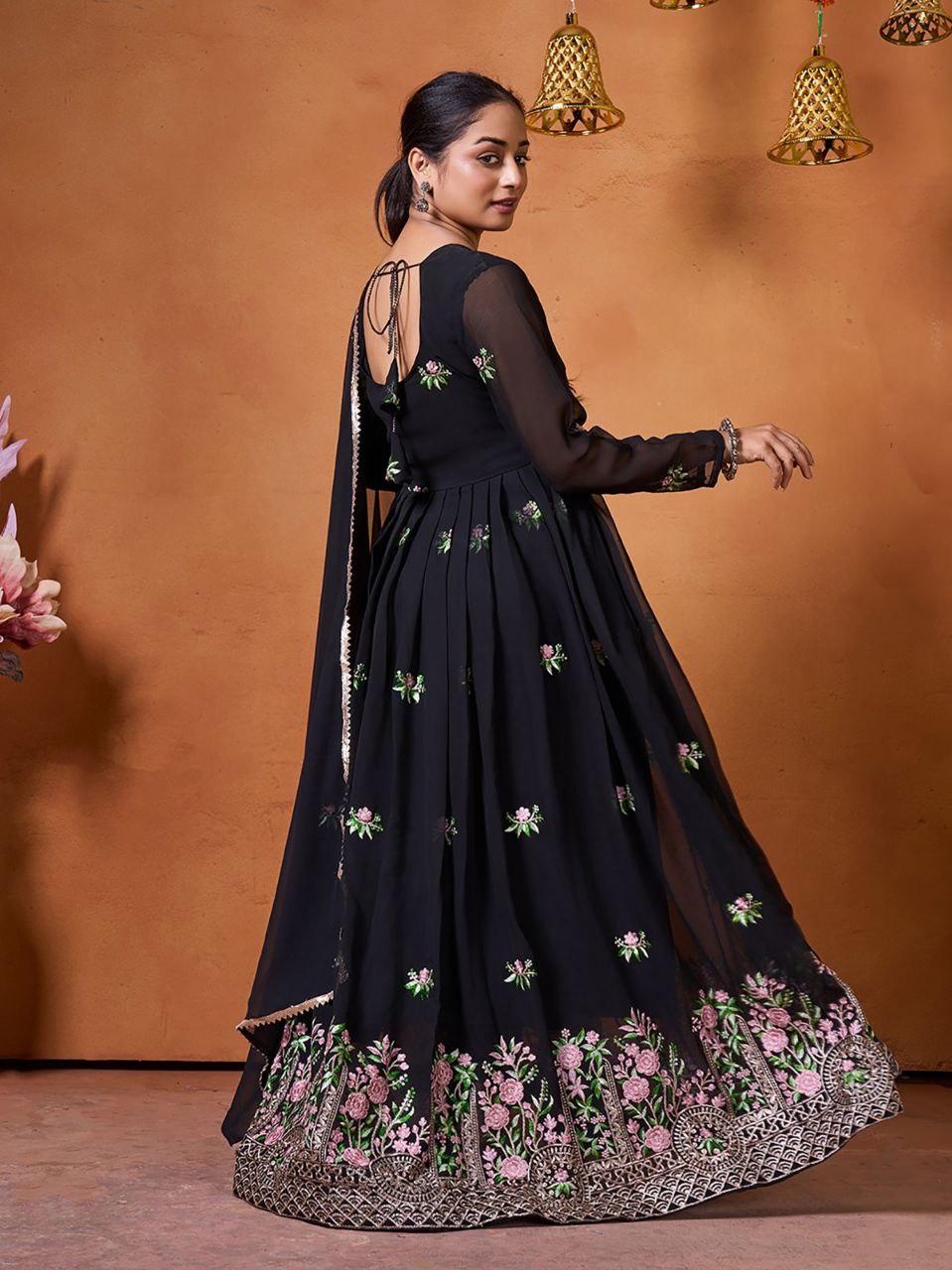 Women's Black Embroidered Georgette Anarkali Gown with Lace Border Dupatta