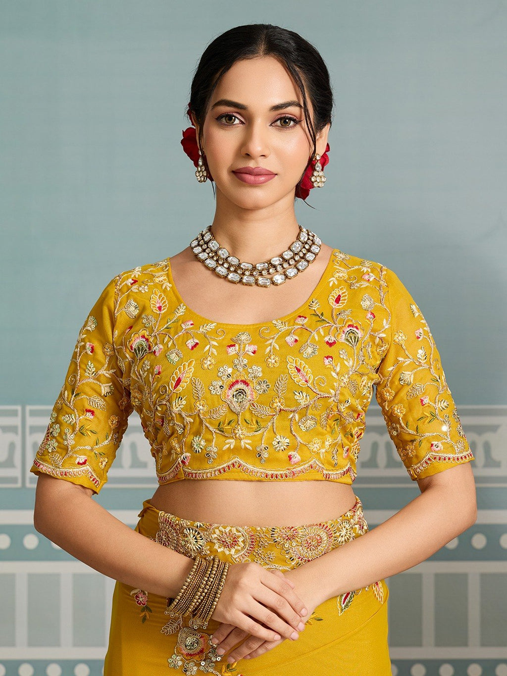 Women's Soft Star Georgette Embroidered Saree with Unstitched Blouse