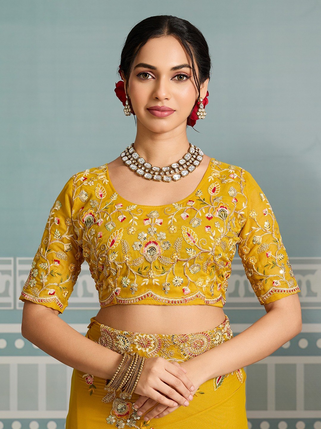 Women's Soft Star Georgette Embroidered Saree with Unstitched Blouse