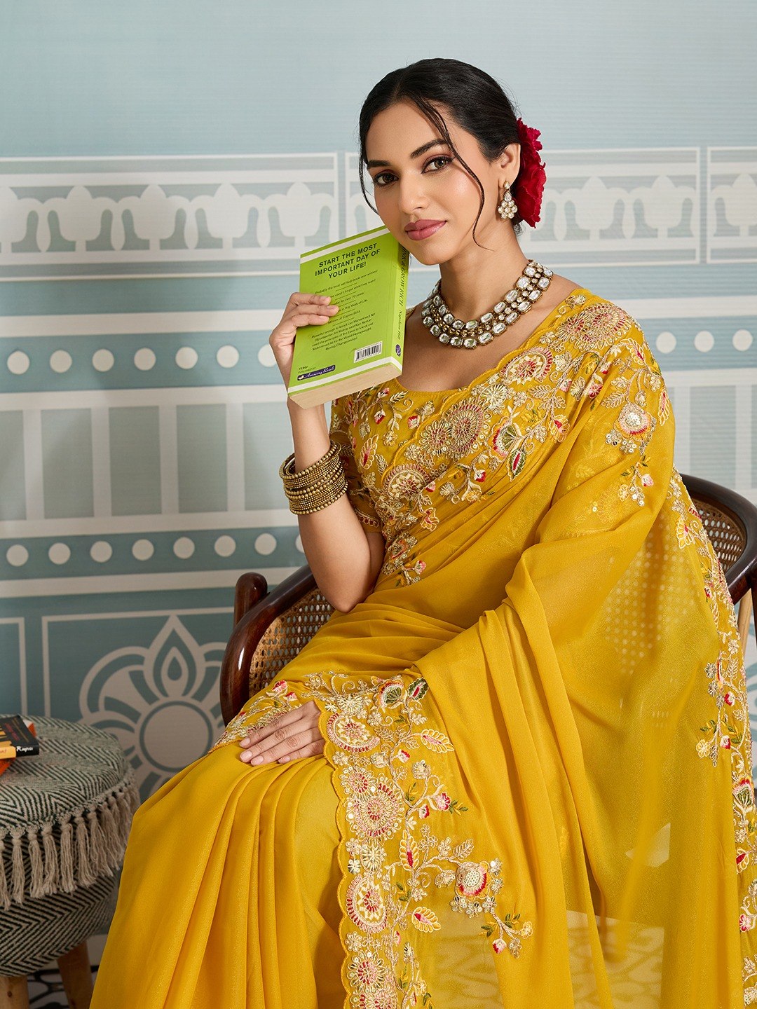 Women's Soft Star Georgette Embroidered Saree with Unstitched Blouse