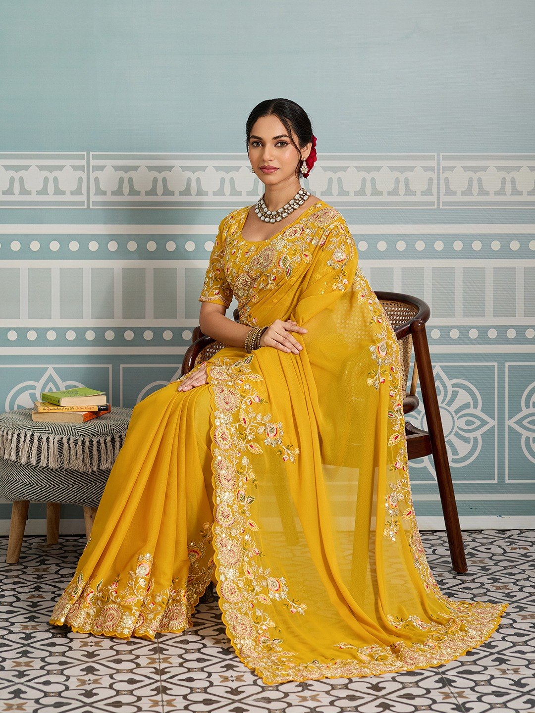 Women's Soft Star Georgette Embroidered Saree with Unstitched Blouse