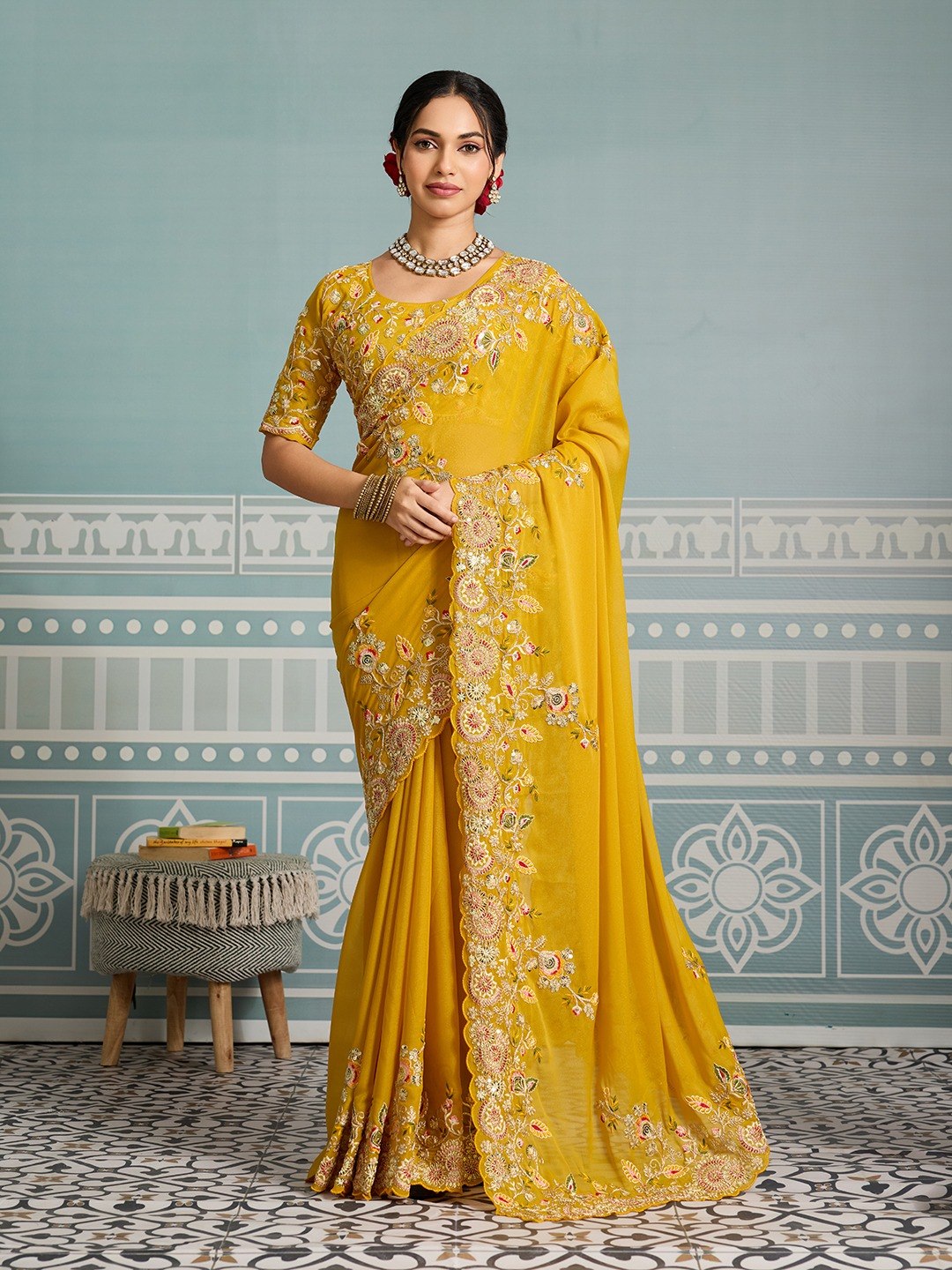 Women's Soft Star Georgette Embroidered Saree with Unstitched Blouse