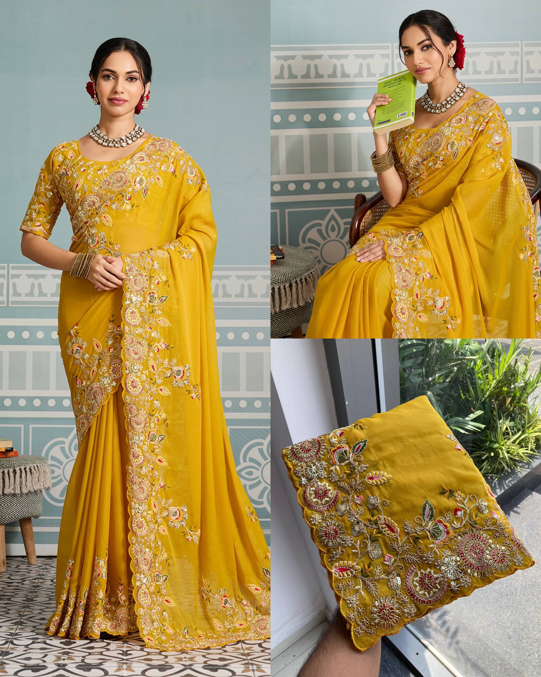 Women's Soft Star Georgette Embroidered Saree with Unstitched Blouse
