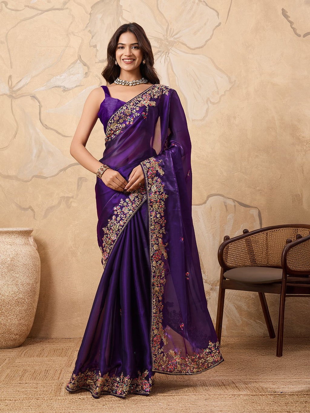 Women's Zimmy Chu Silk Embroidered Saree with Mono Banglory Silk Blouse