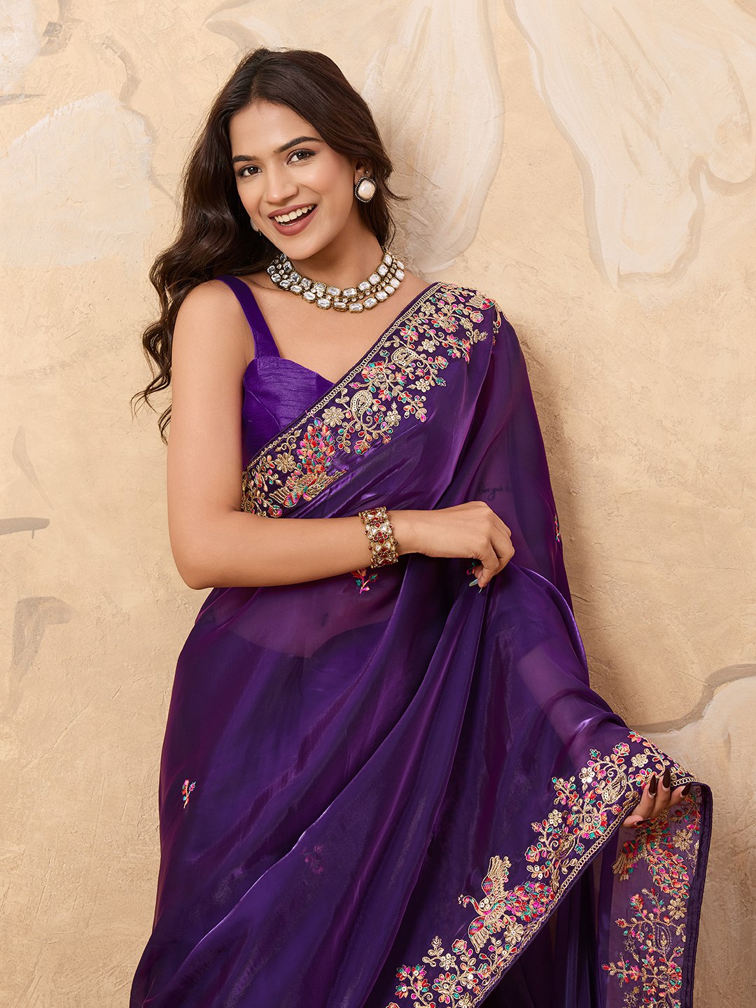 Women's Zimmy Chu Silk Embroidered Saree with Mono Banglory Silk Blouse