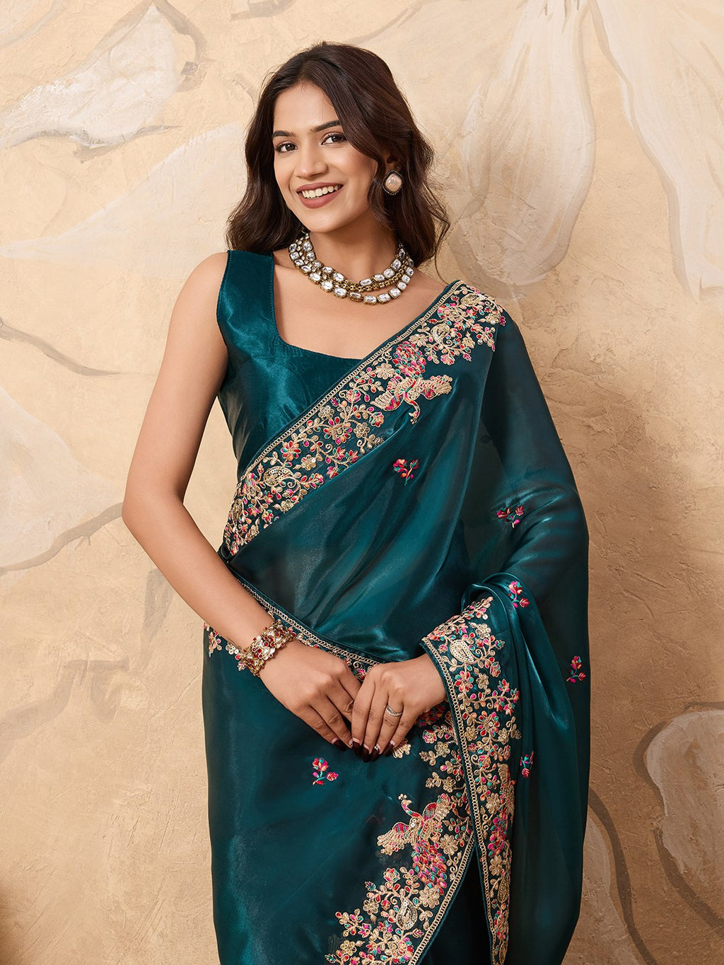 Women's Zimmy Chu Silk Party Wear Saree with Embroidered Cutwork Border