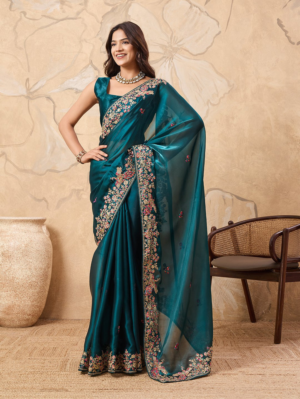 Women's Zimmy Chu Silk Party Wear Saree with Embroidered Cutwork Border