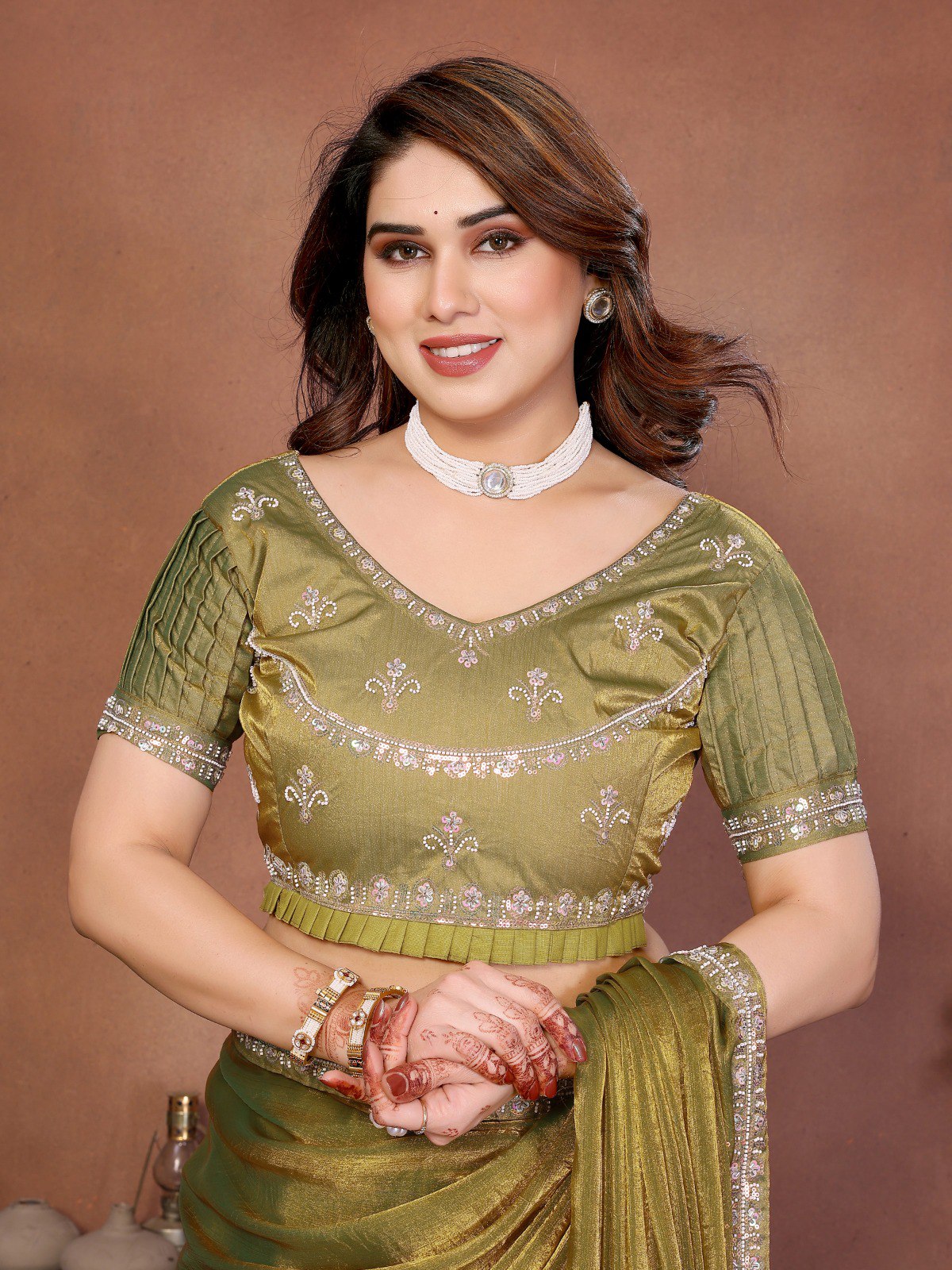 Women's Fendy Chiffon Beads Embroidered Party Wear Saree with Blouse